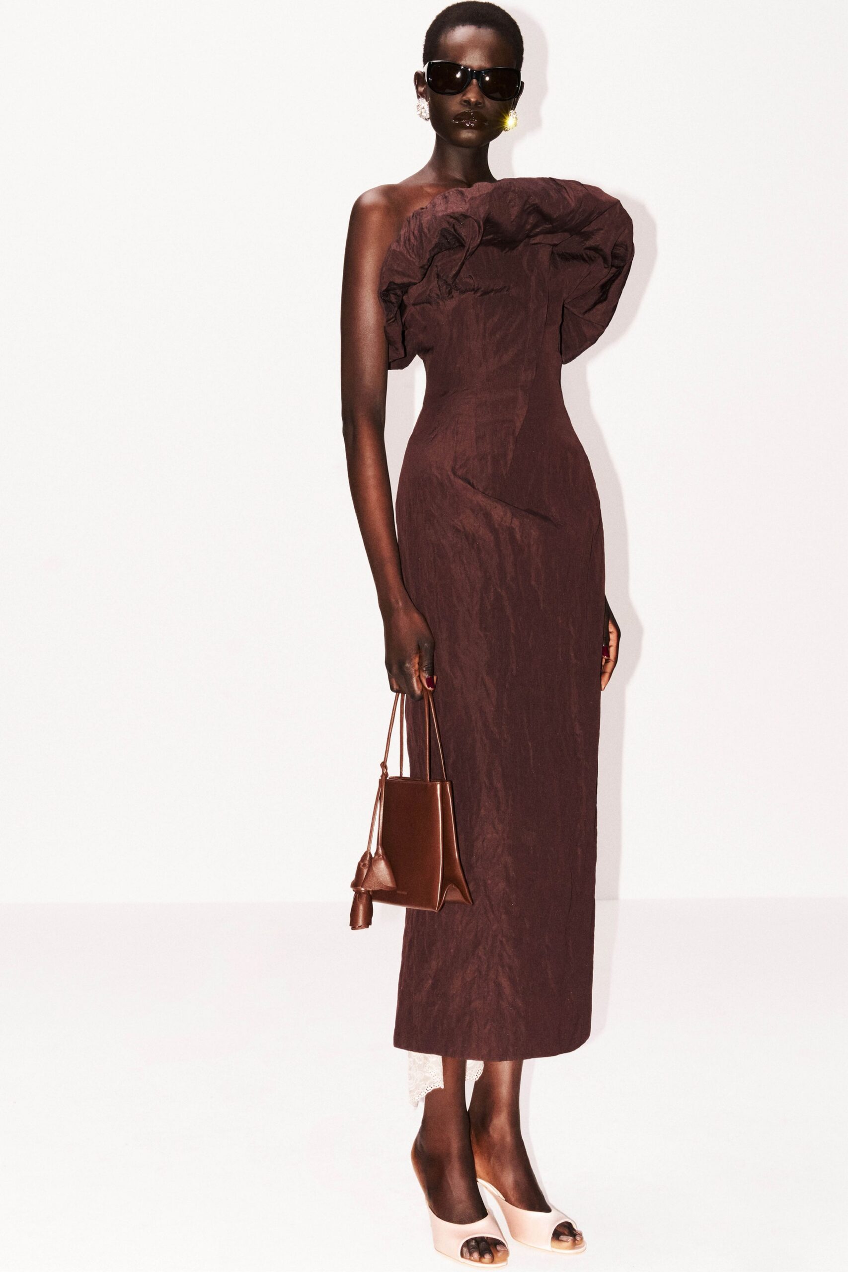 brown silk strapless fitted ruffled midi gown