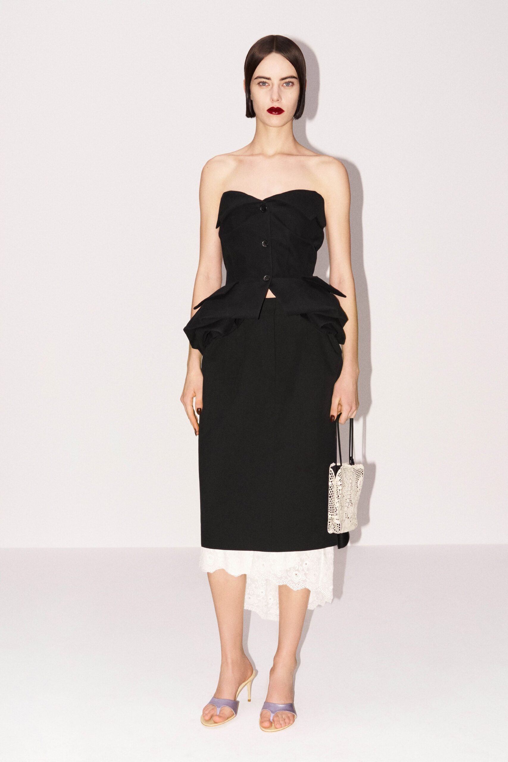 black cotton strapless fitted pleated top