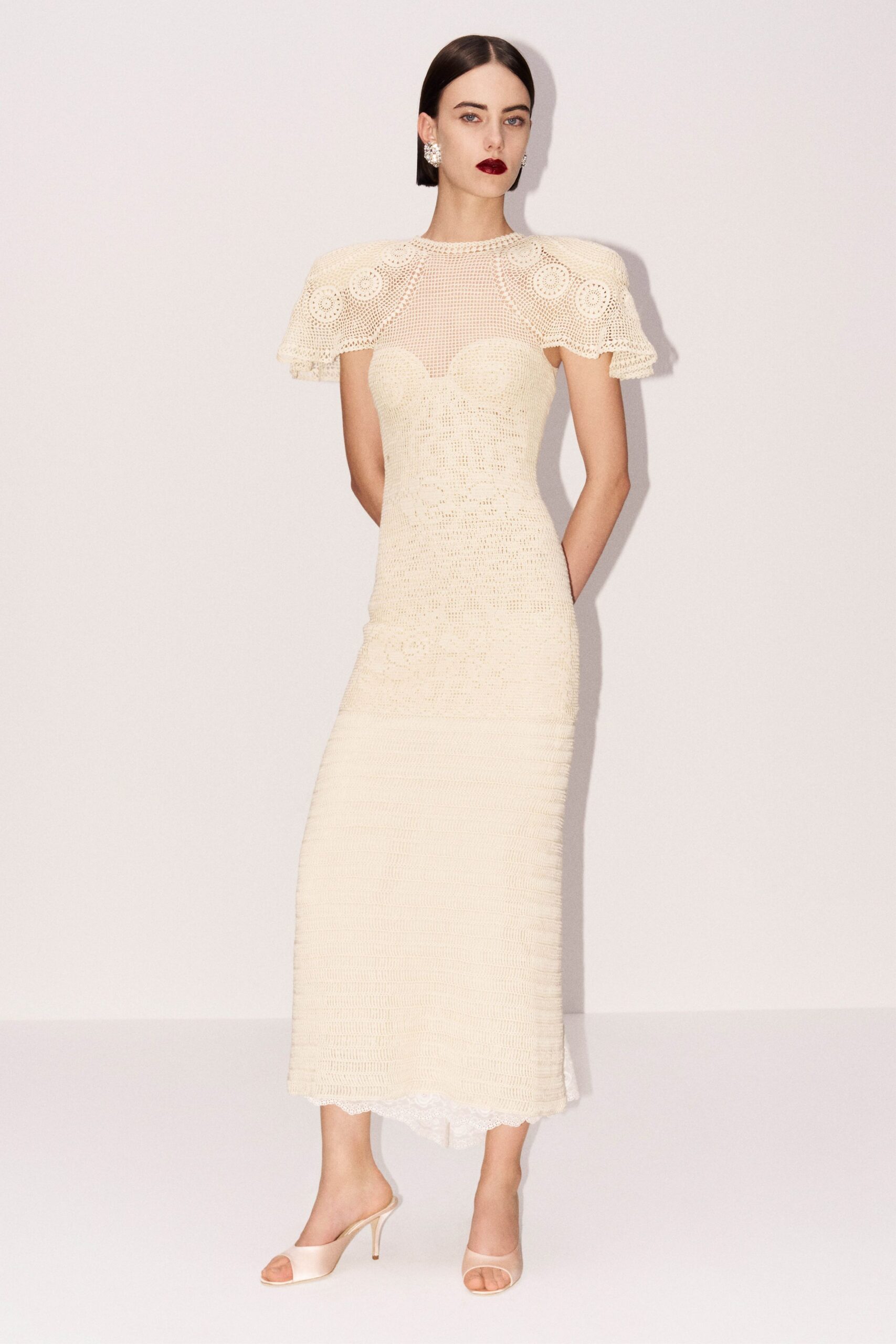 ivory cotton sleeveless high-neck fitted embroidered tiered dress