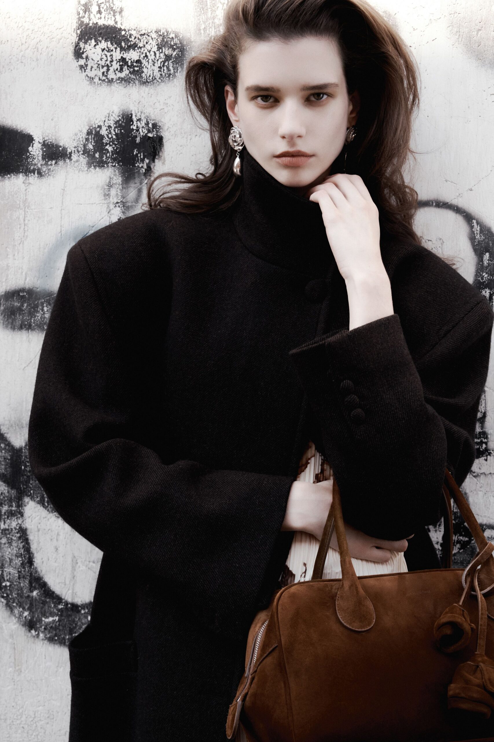 black wool long-sleeve high-neck oversized coat