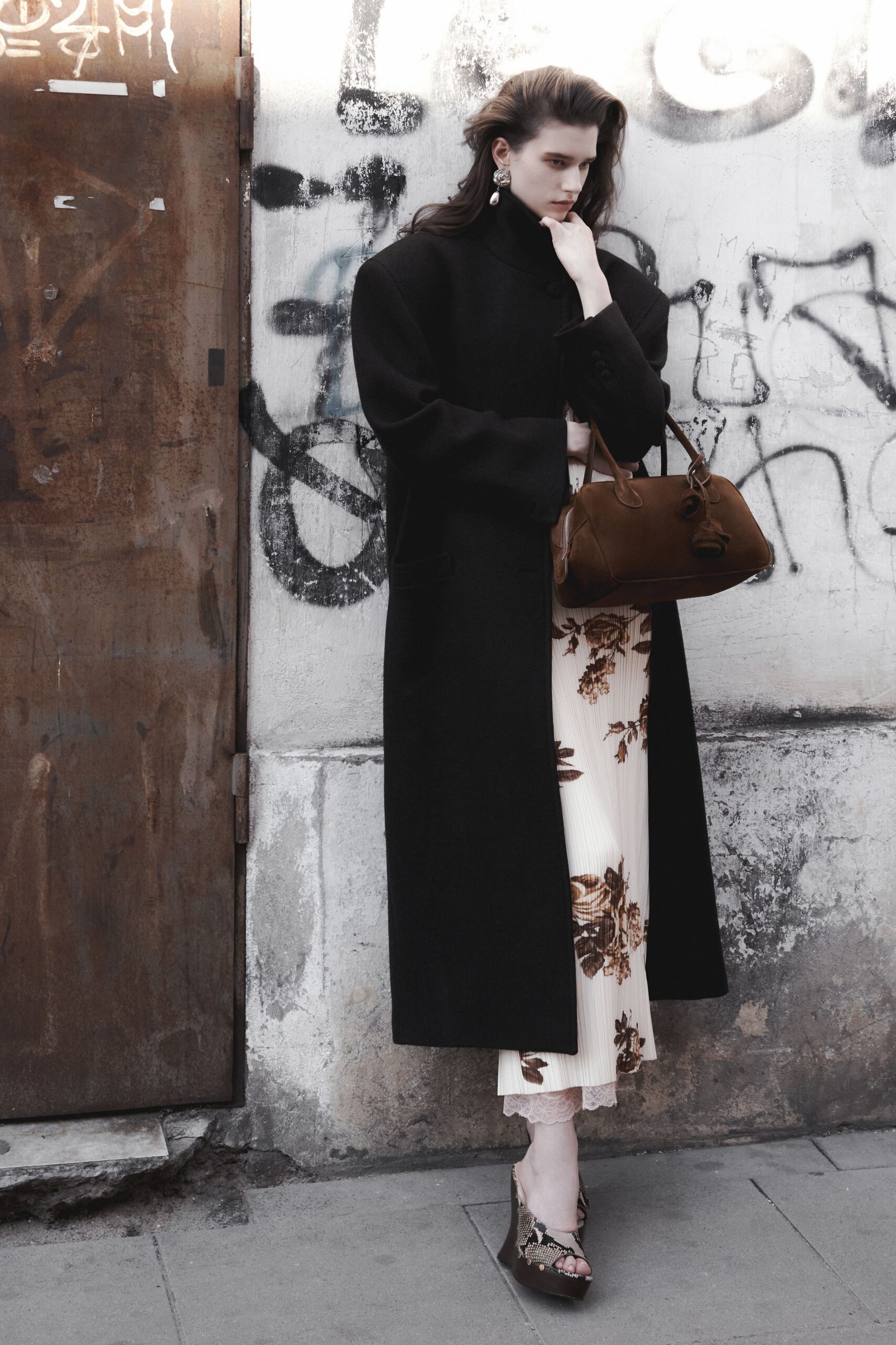 black wool long-sleeve collared relaxed maxi coat