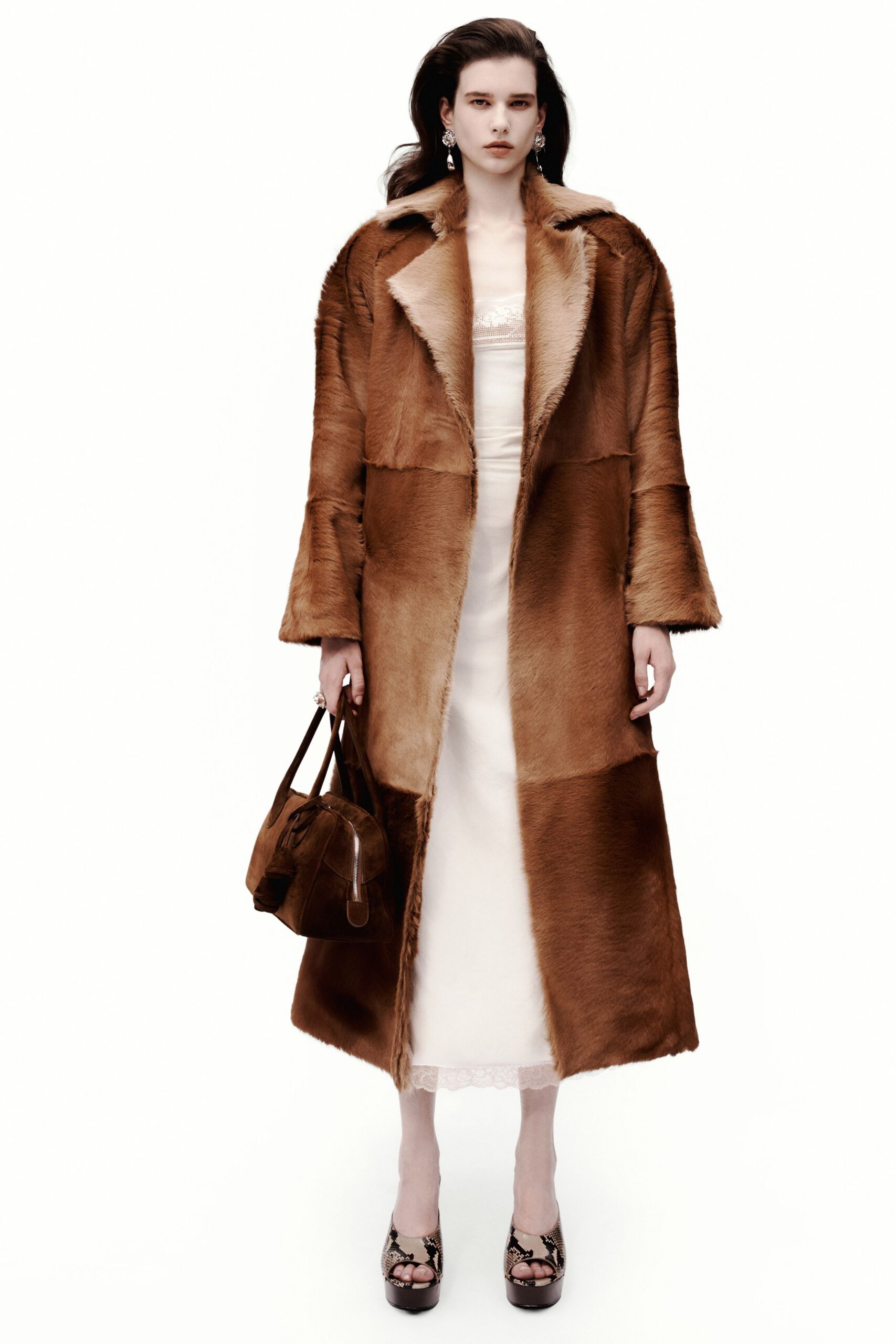 brown fur relaxed patchwork coat
