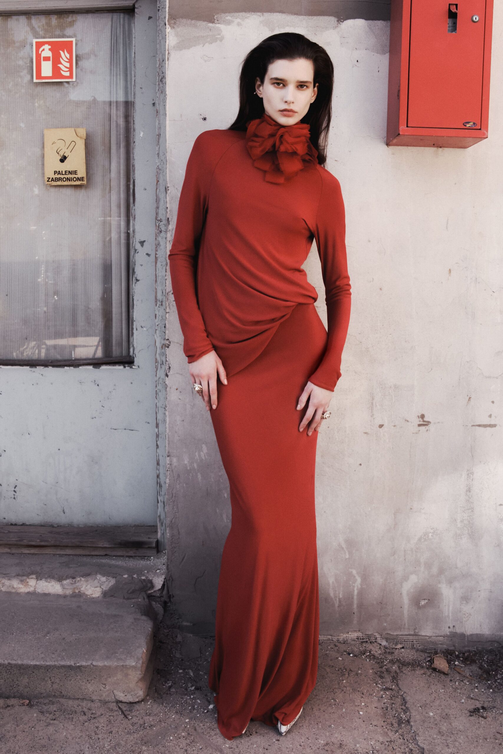 red silk long-sleeve high-neck fitted draped maxi gown