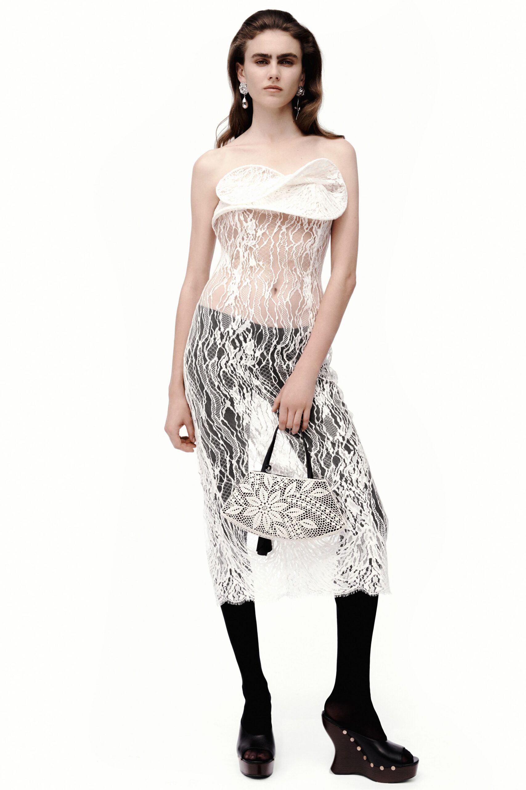 white lace strapless fitted draped sheer flowing dress
