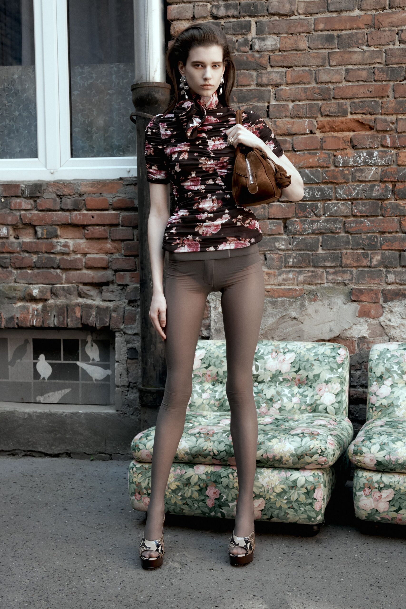 black silk short-sleeve collared fitted floral ruffled top
