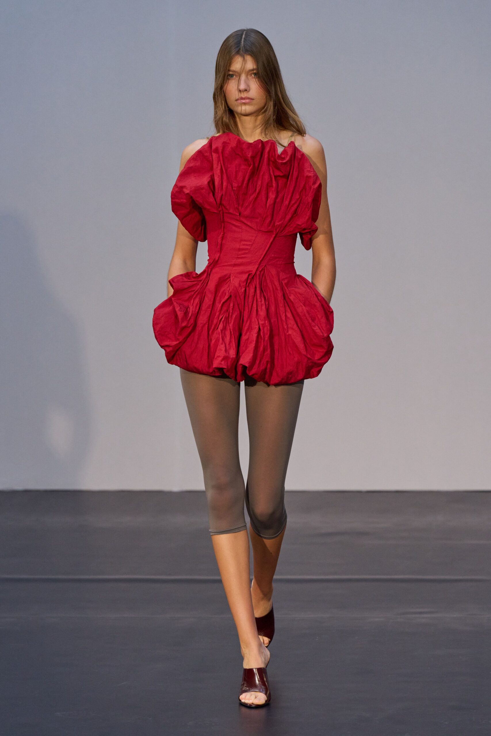 red silk off-shoulder fitted pleated short romper