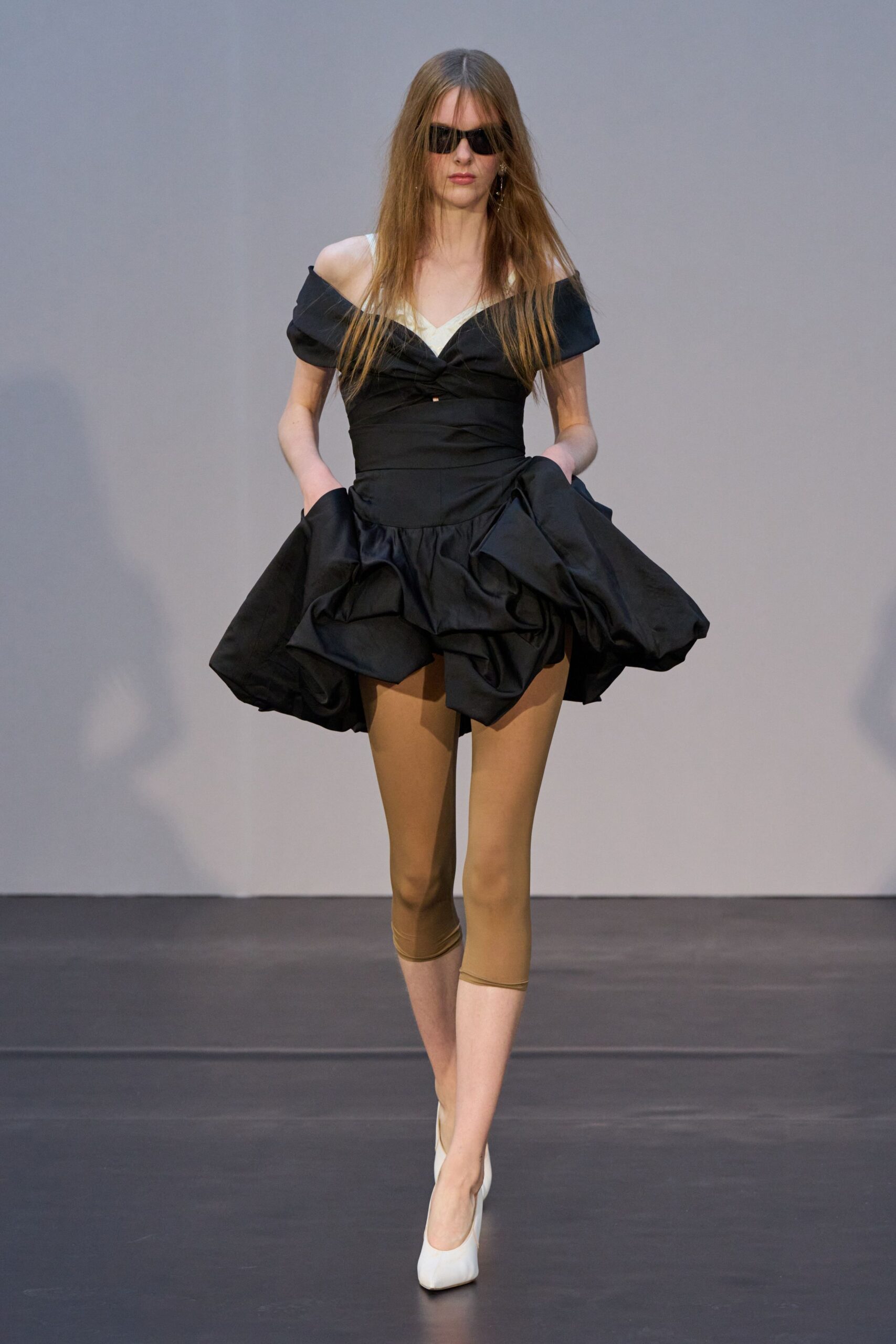 black cotton off-shoulder short-sleeve fitted pleated mini dress