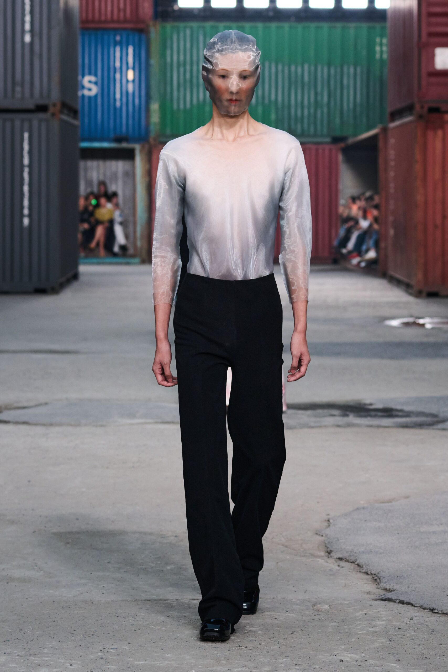 white silk long-sleeve v-neck fitted ombre sheer top