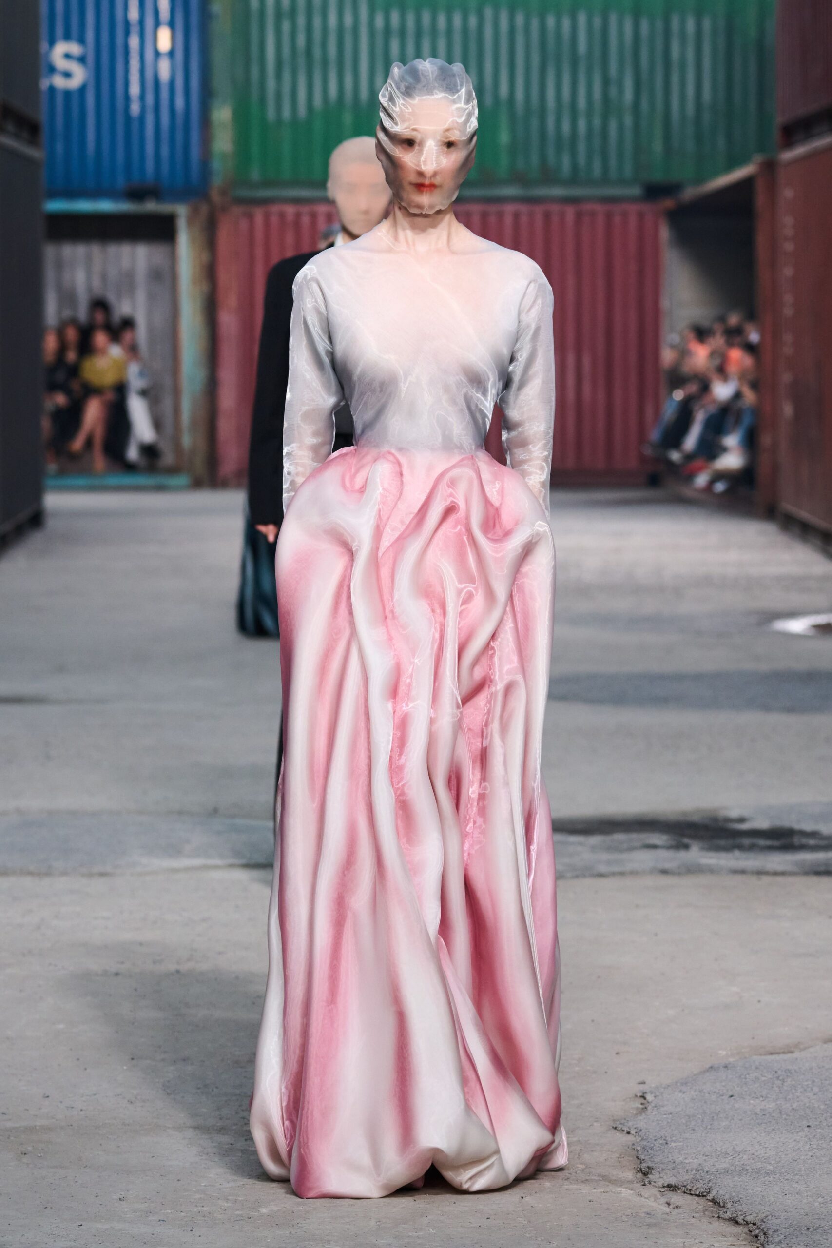 pink and white silk gown
