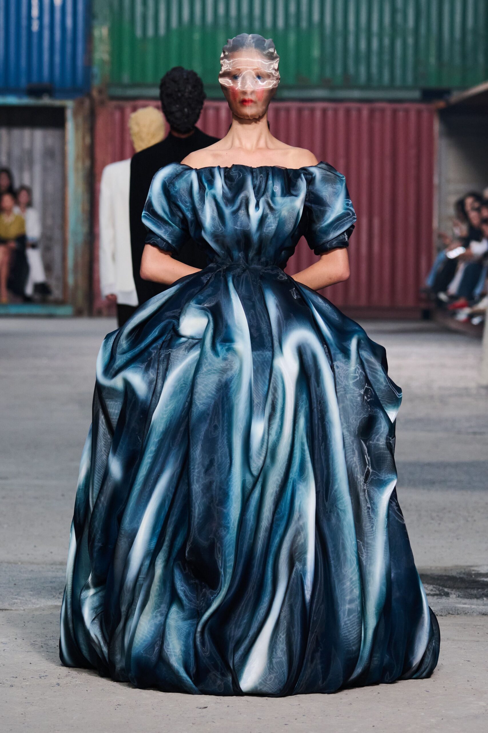 blue silk off-shoulder gown