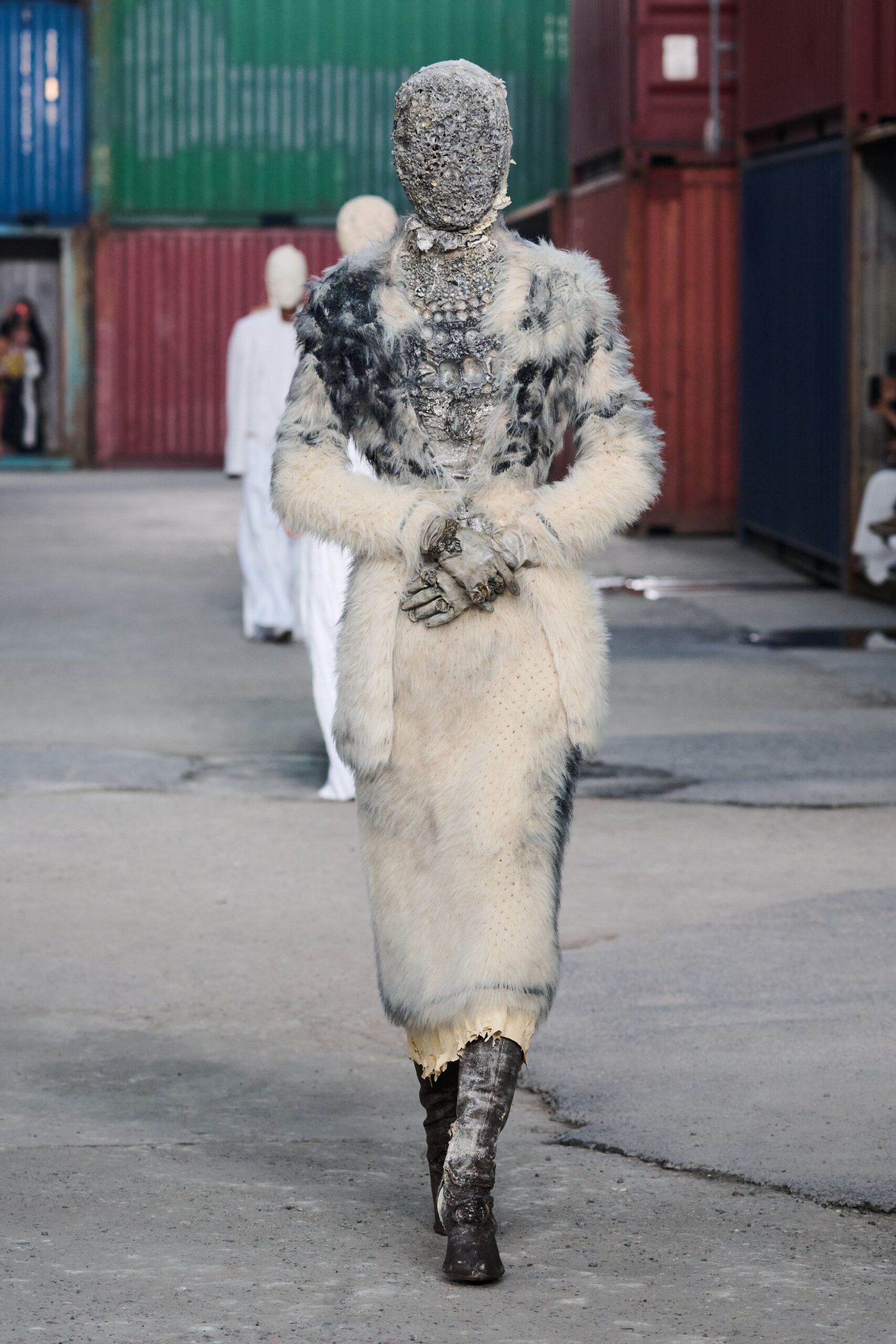 gray fur long-sleeve high-neck fitted layered midi dress