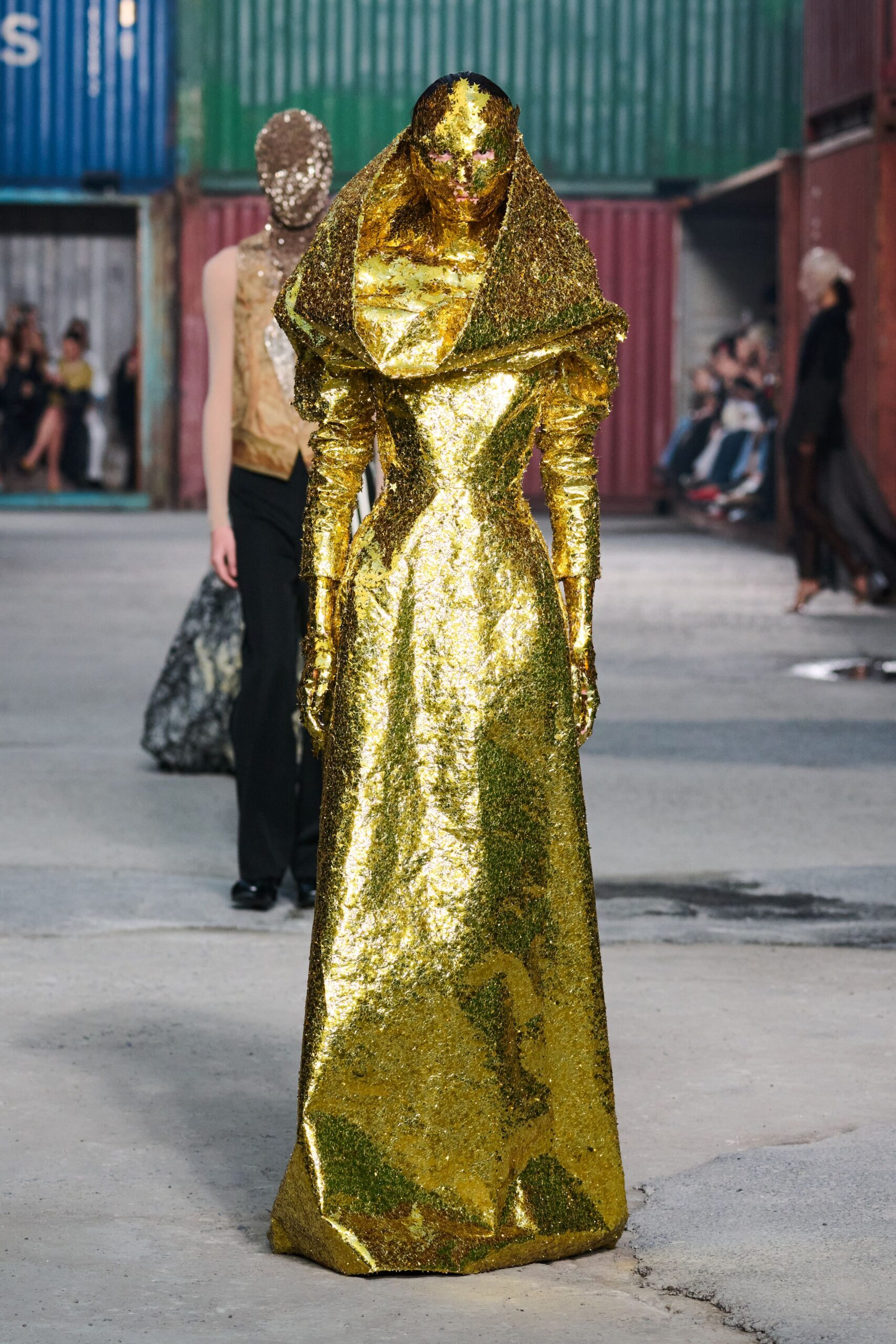 gold metallic long-sleeve gown