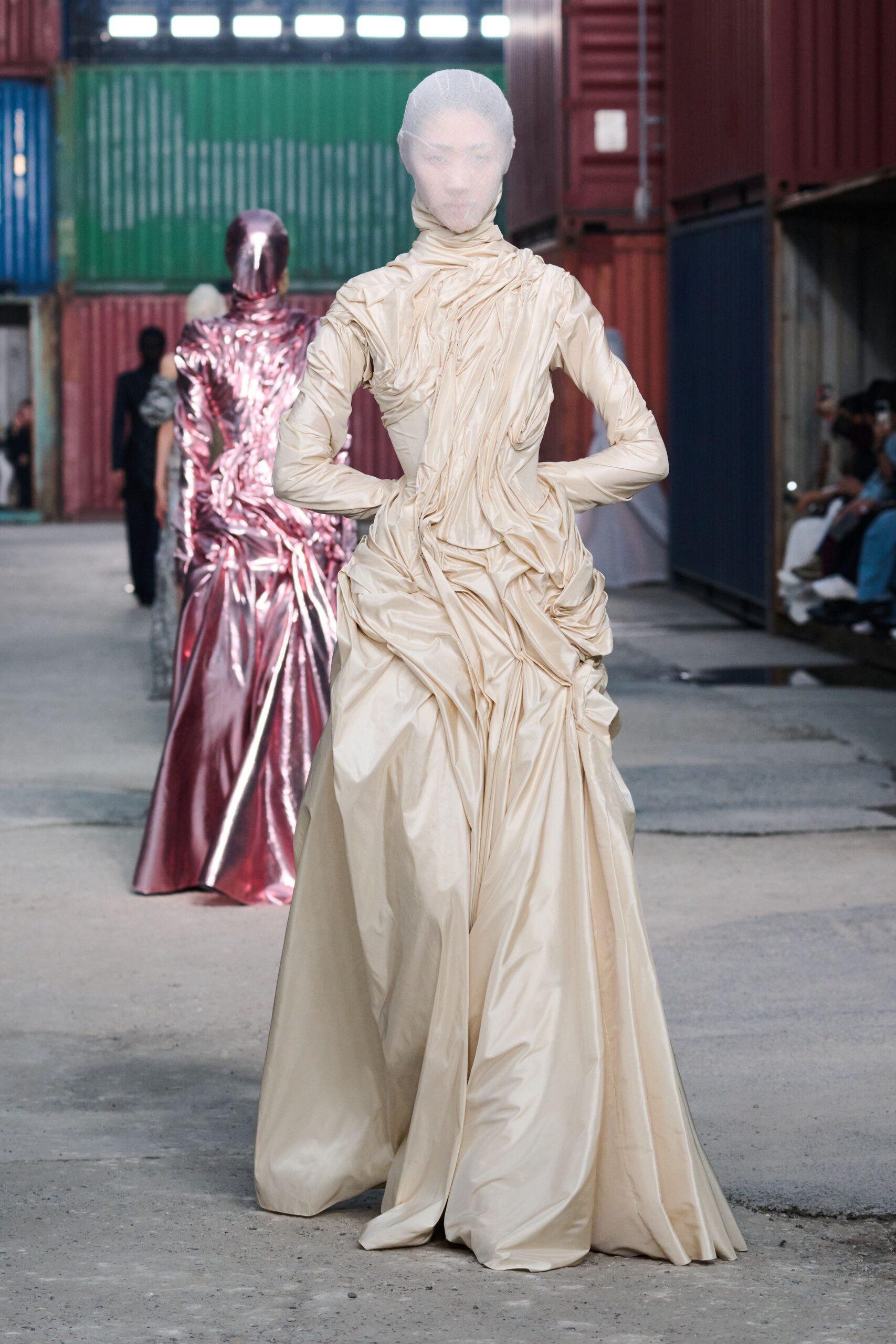beige silk long-sleeve high-neck fitted draped maxi gown