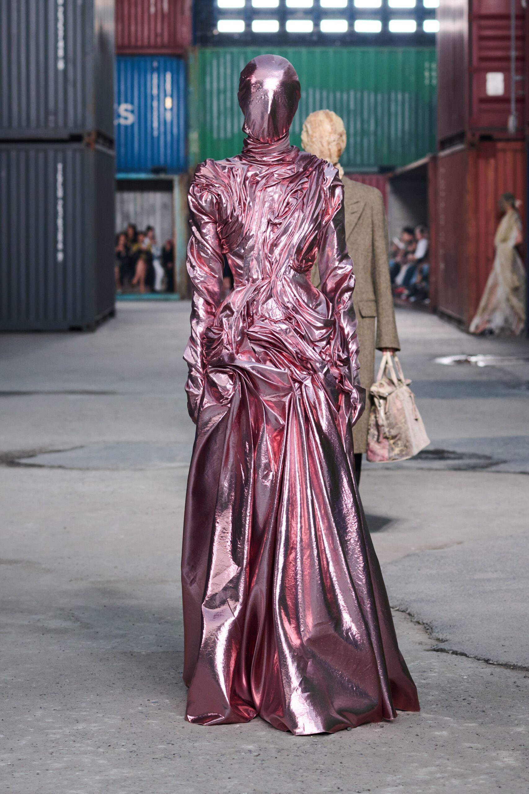 pink metallic long-sleeve gown