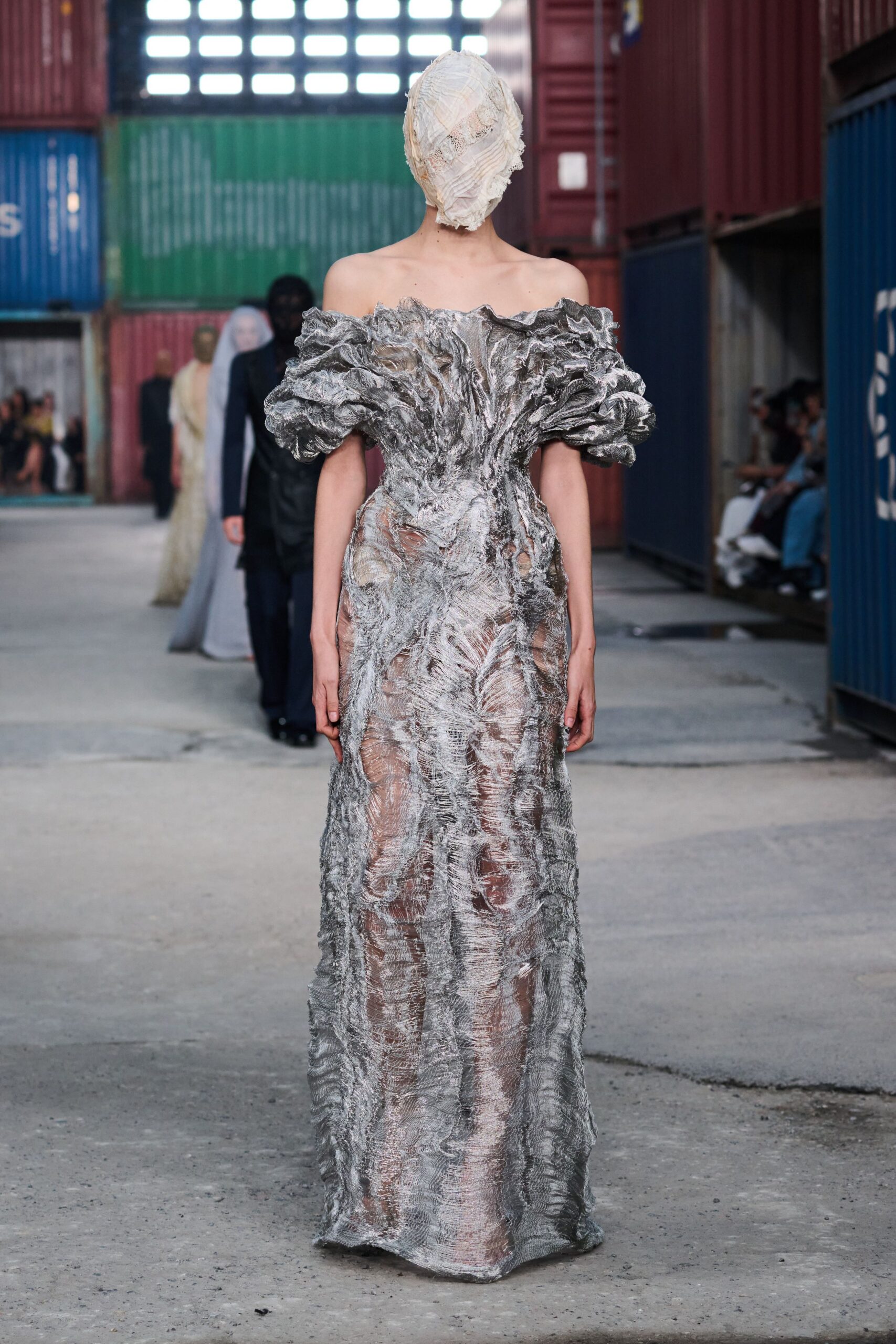 silver off-shoulder ruffled gown