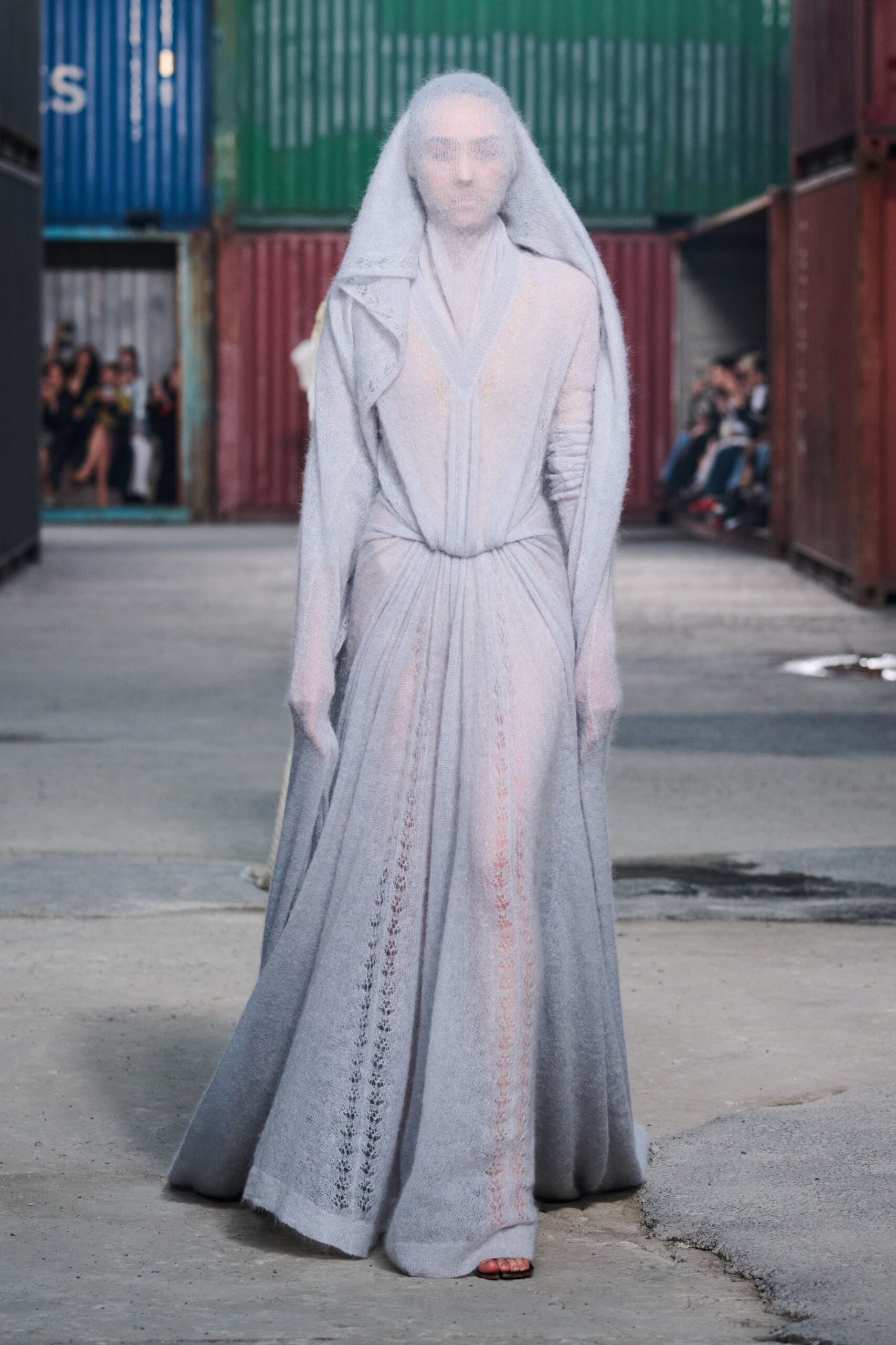 gray wool long-sleeve v-neck fitted pleated flowing gown