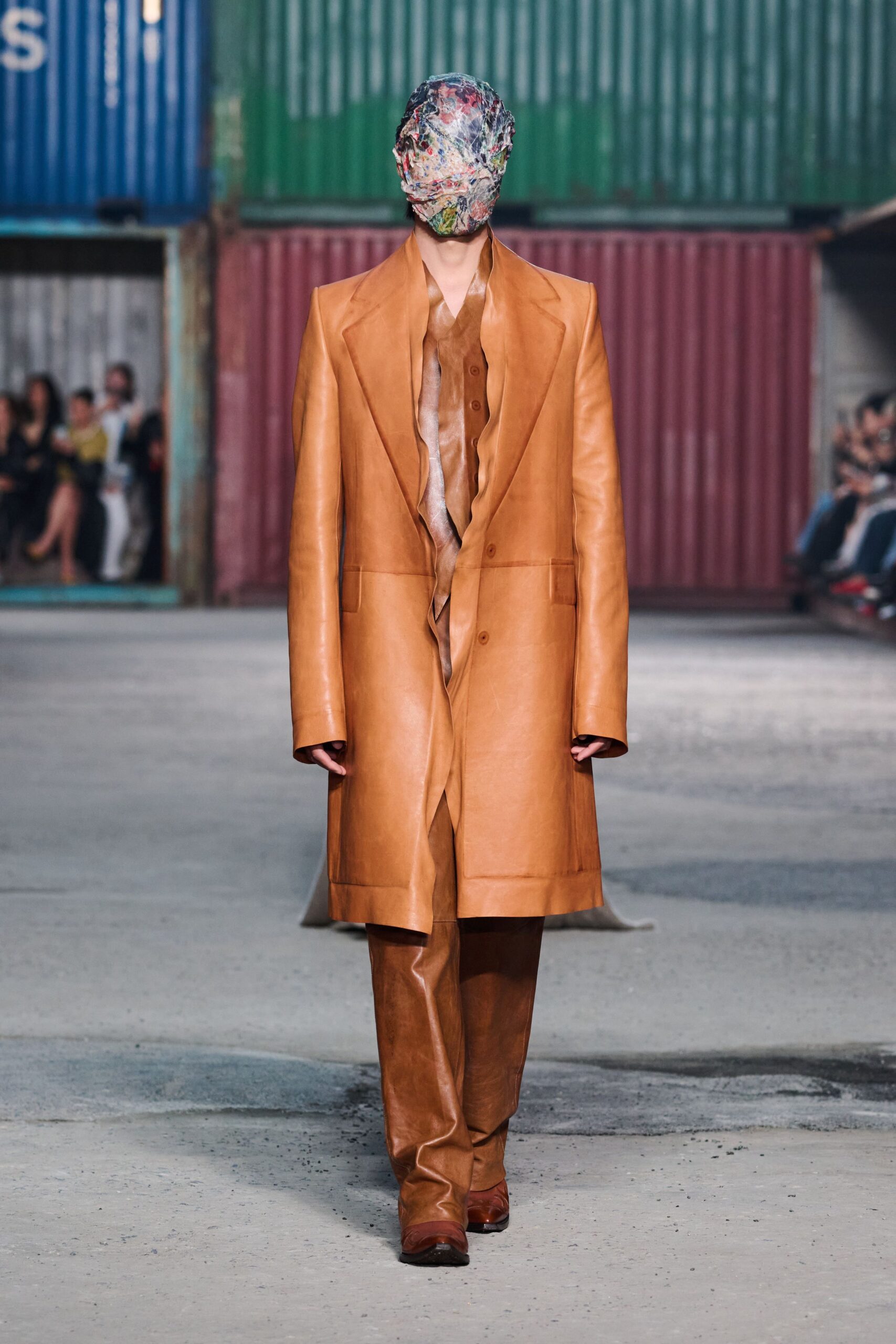 brown leather long-sleeve collared structured coat