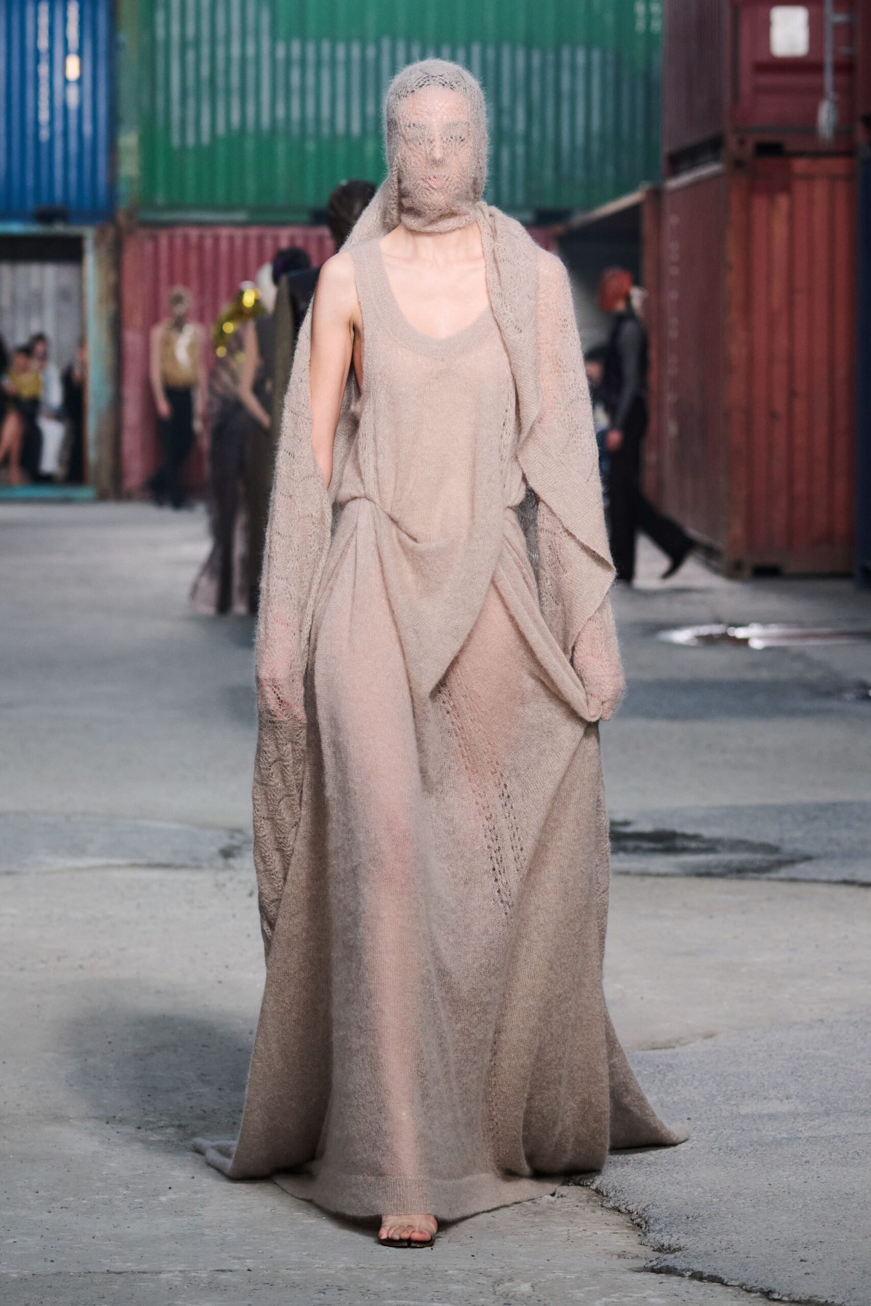 beige mesh sleeveless high-neck relaxed layered gown