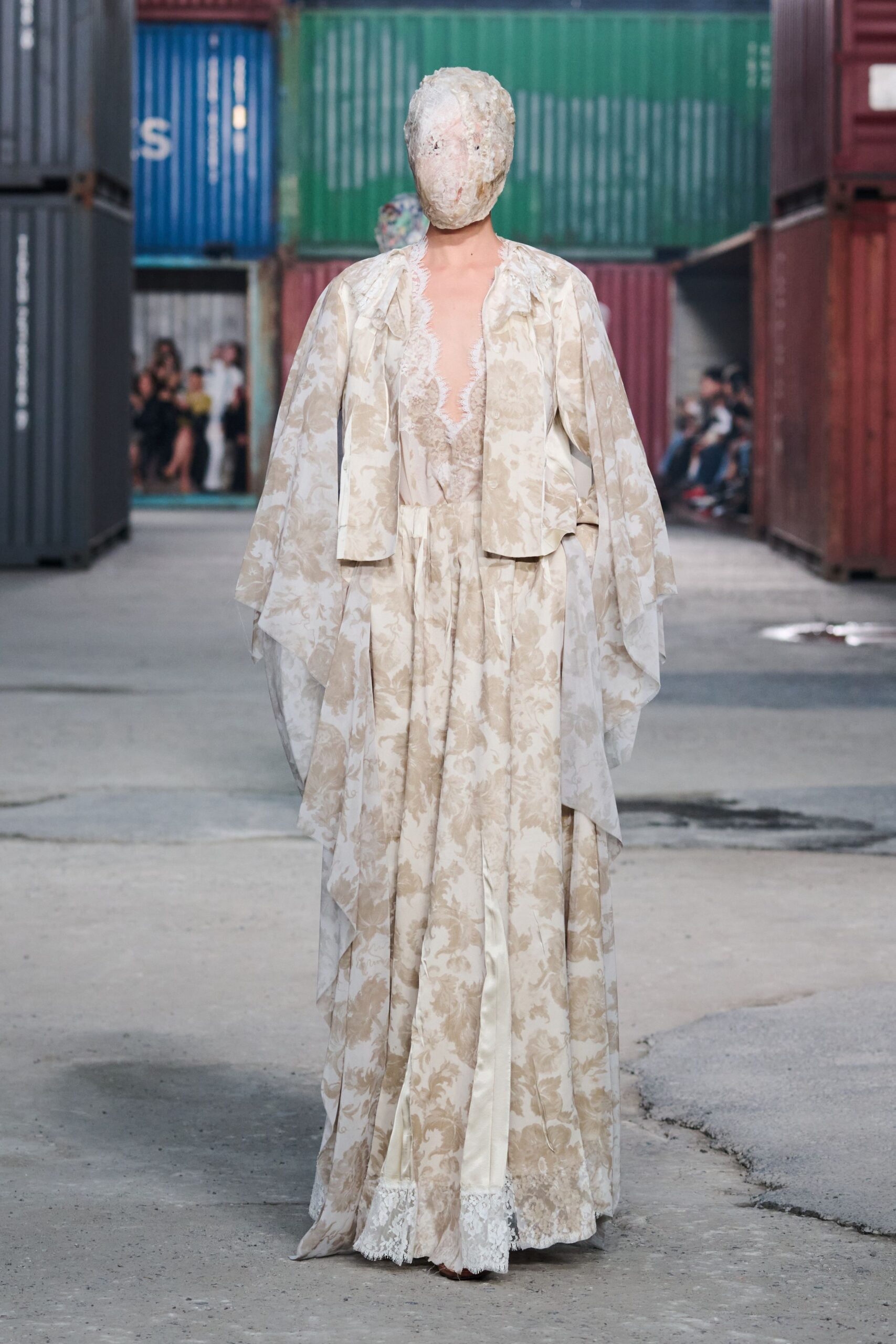 beige silk long-sleeve v-neck relaxed flared layered gown