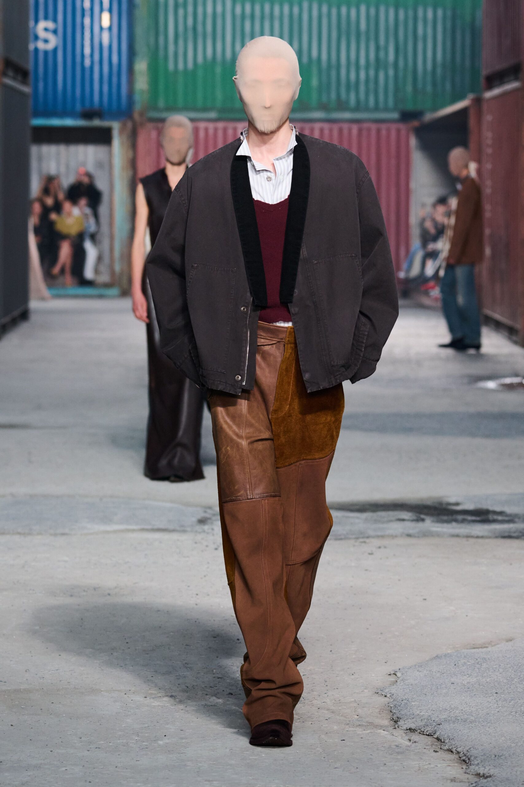 brown leather long-sleeve relaxed jacket