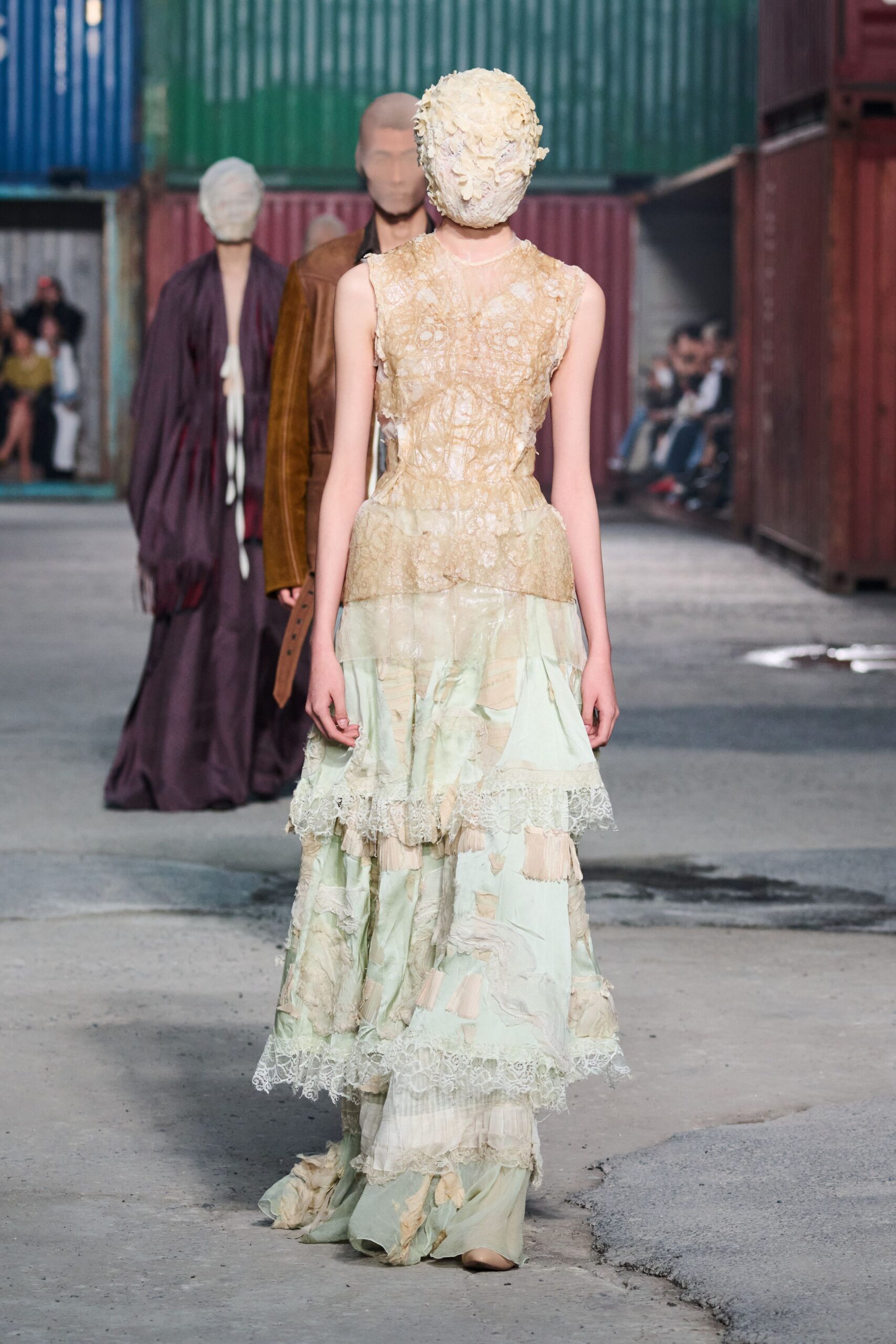 beige green layered ruffled gown