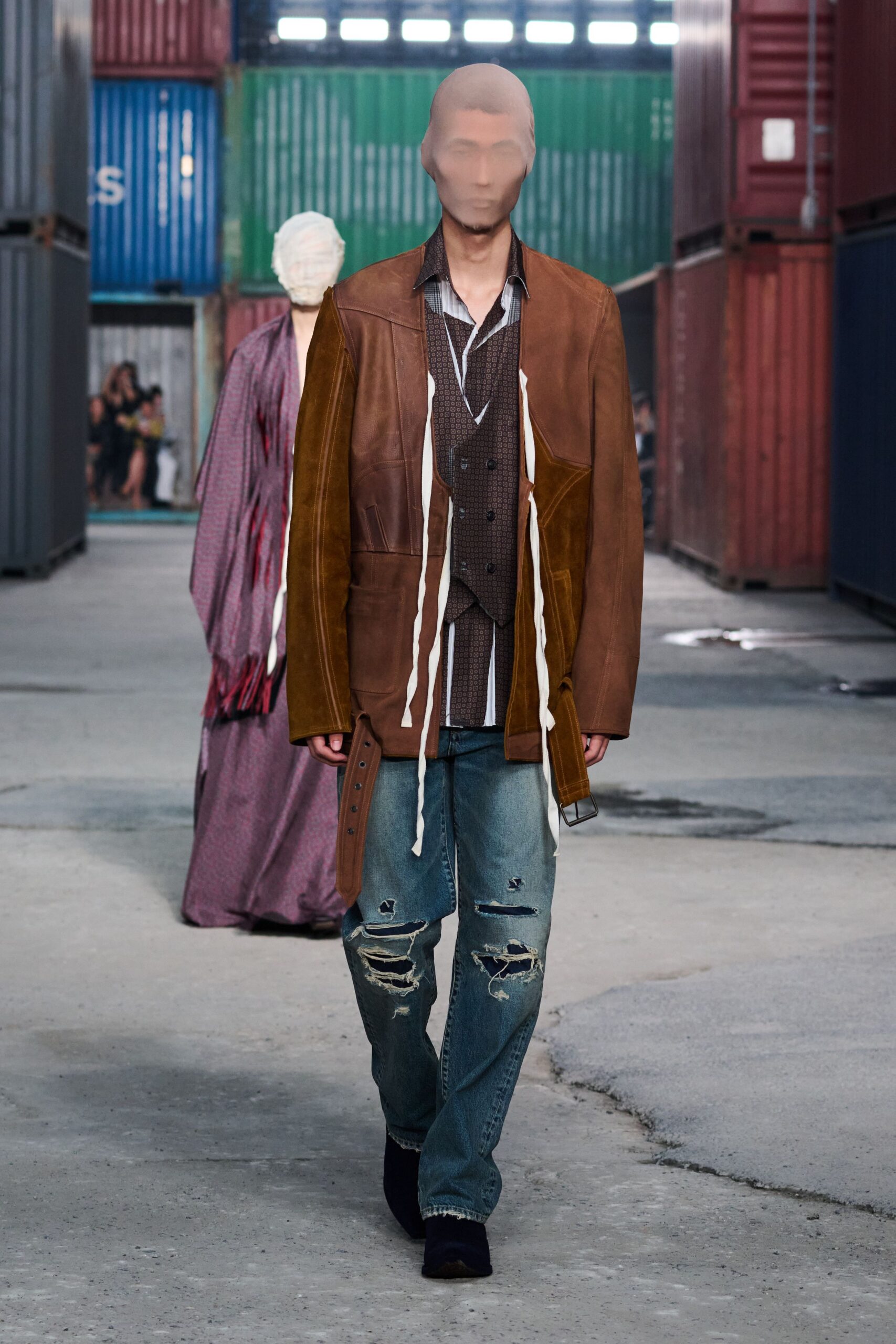 brown leather long-sleeve collared relaxed zippered jacket