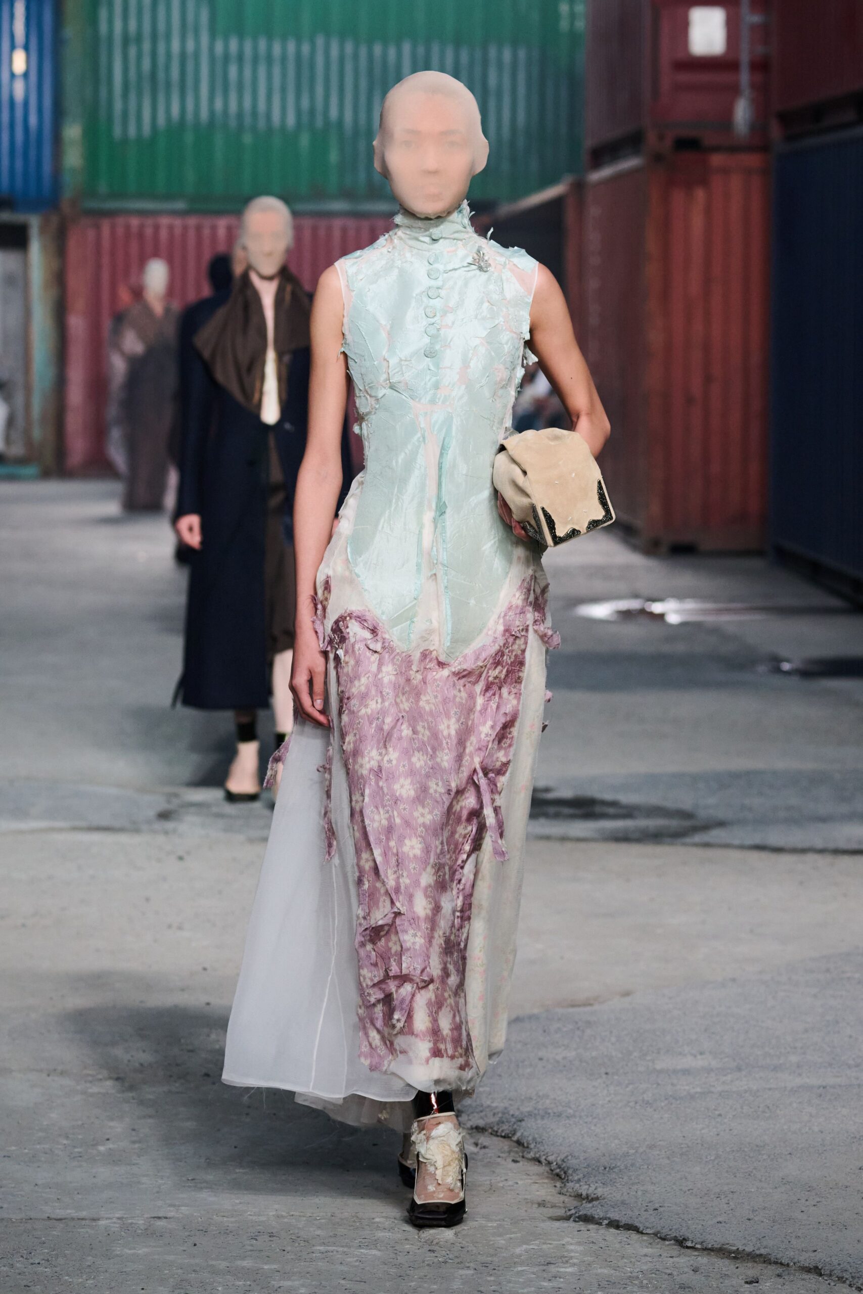 blue silk sleeveless high-neck fitted layered ruffled dress