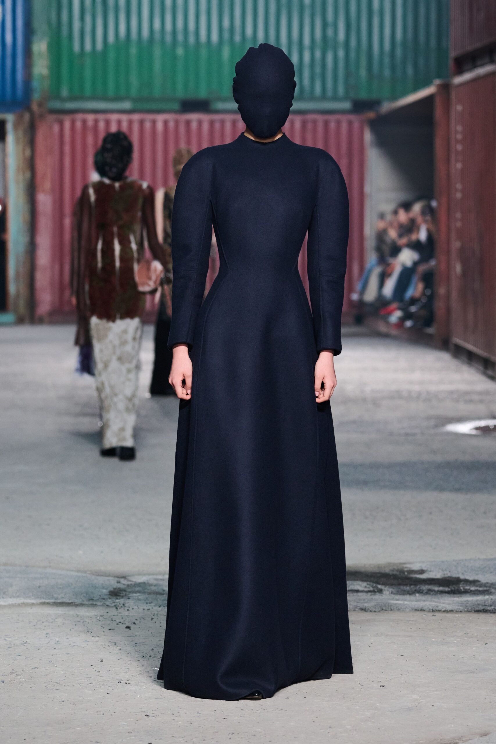 navy fitted long-sleeve gown