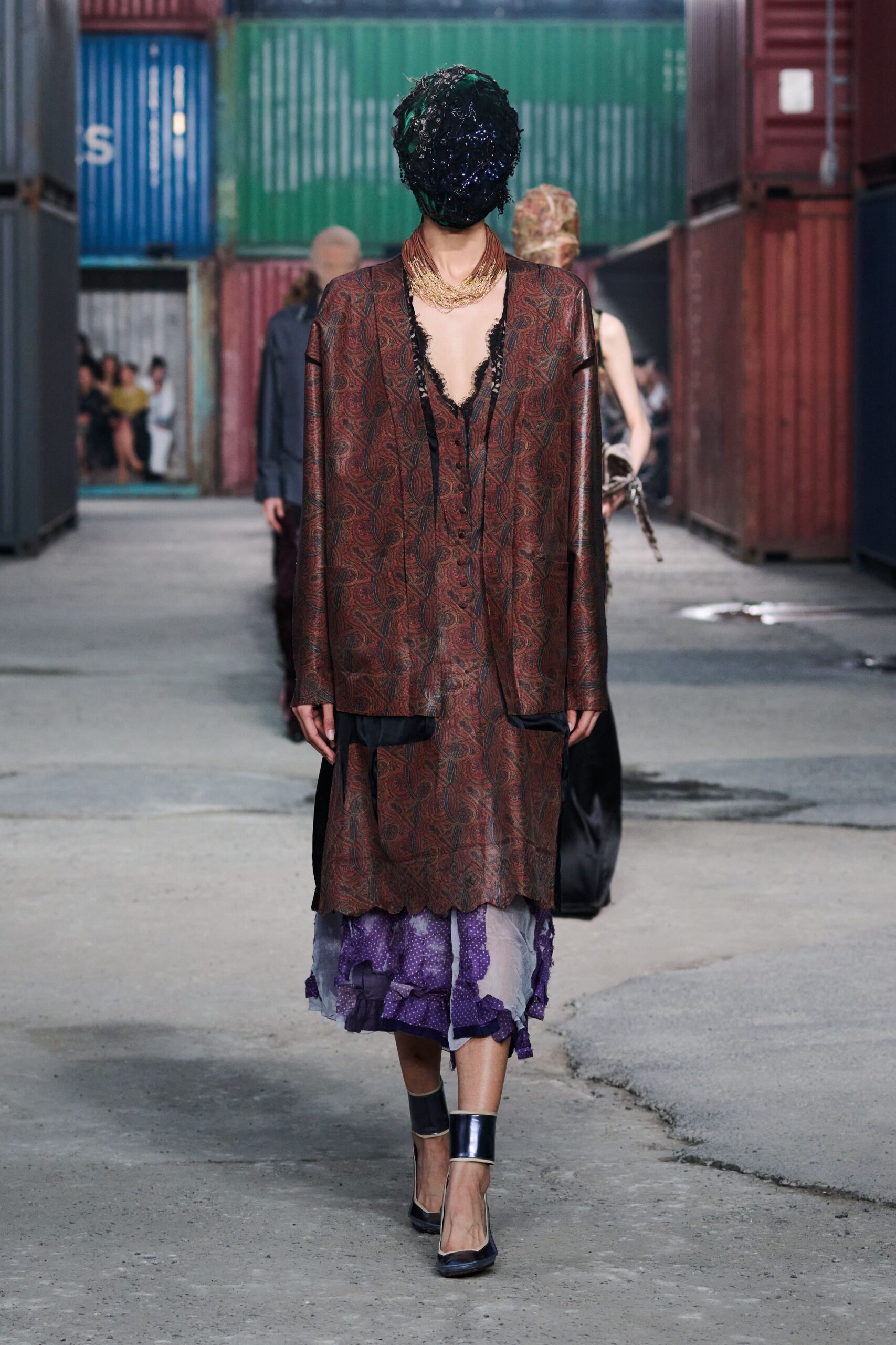 brown silk long-sleeve v-neck relaxed printed coat