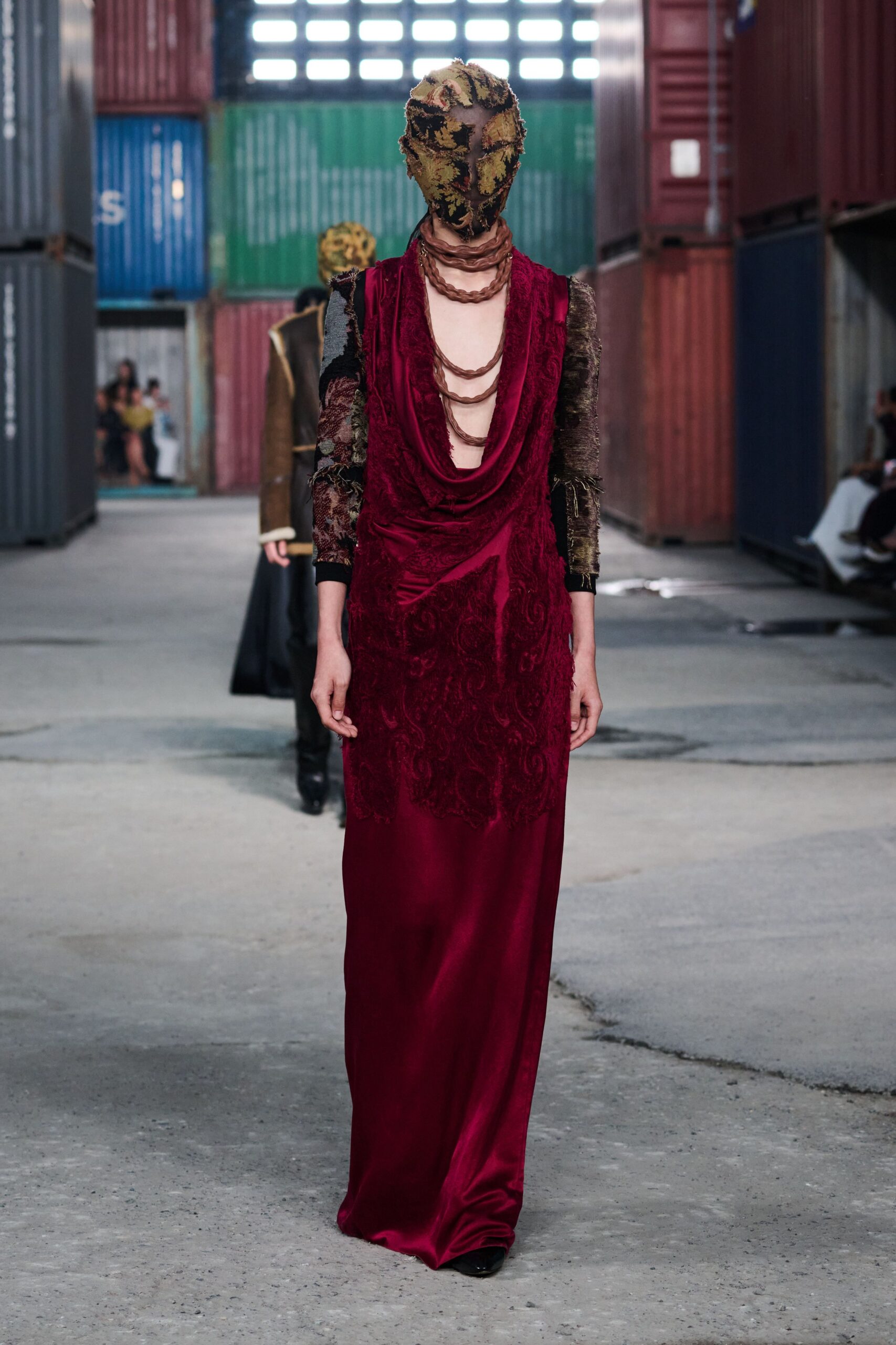 red silk long-sleeve v-neck fitted draped embroidered gown