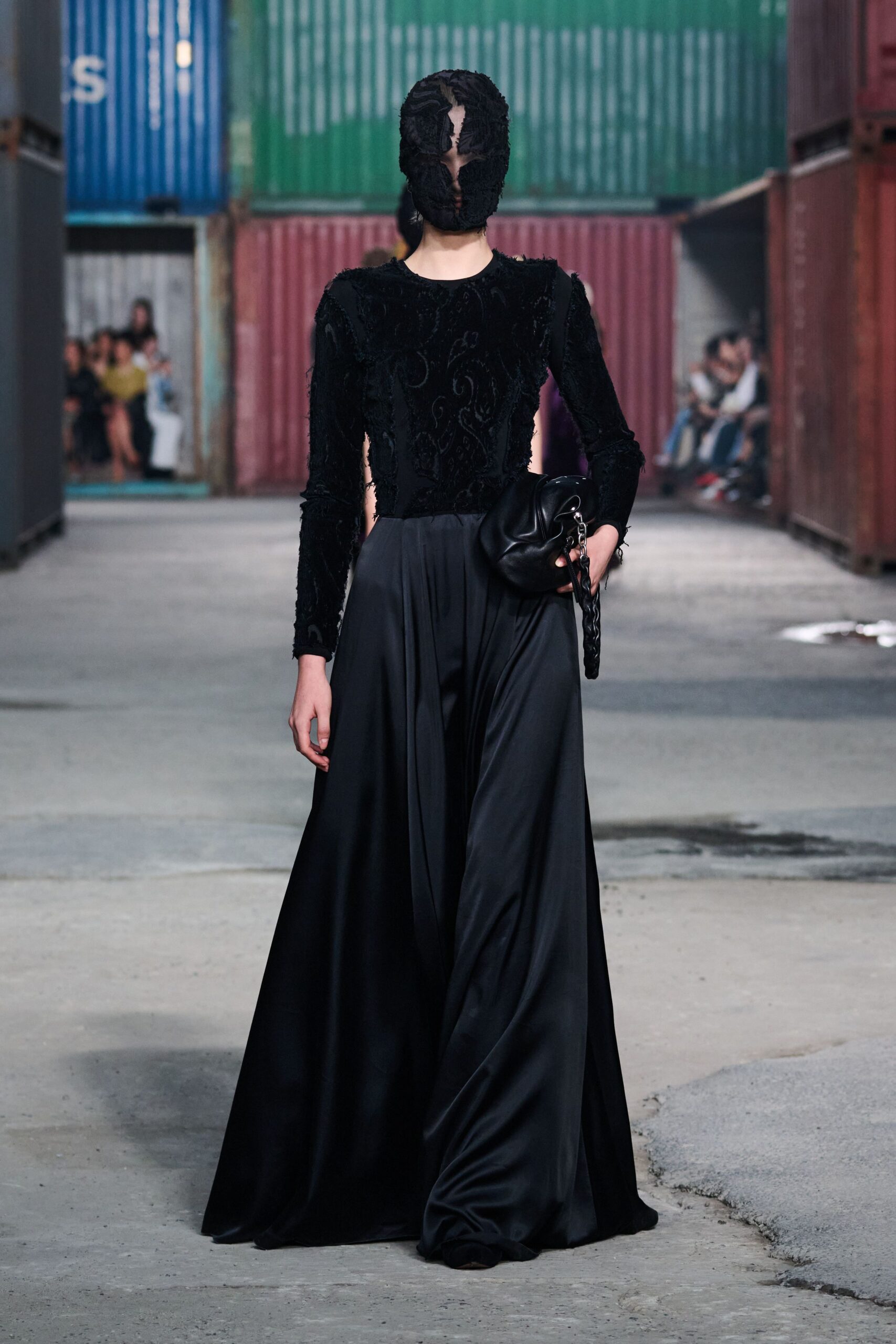 black silk long-sleeve high-neck fitted embroidered flowing gown