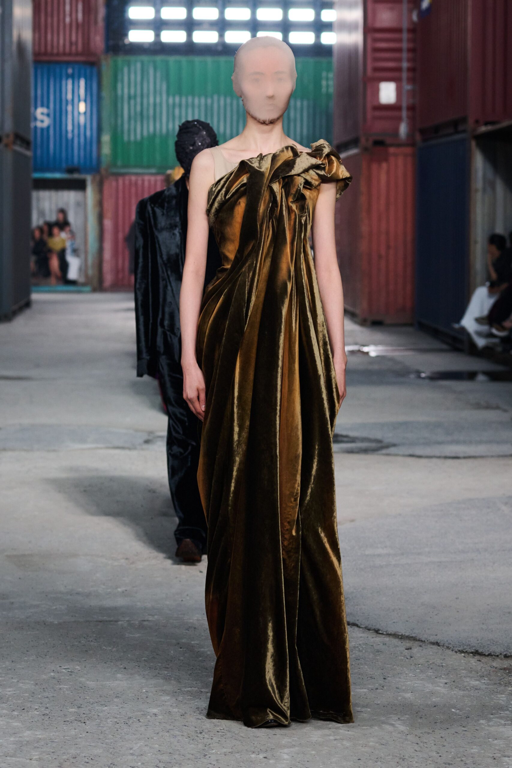 green velvet off-shoulder gown