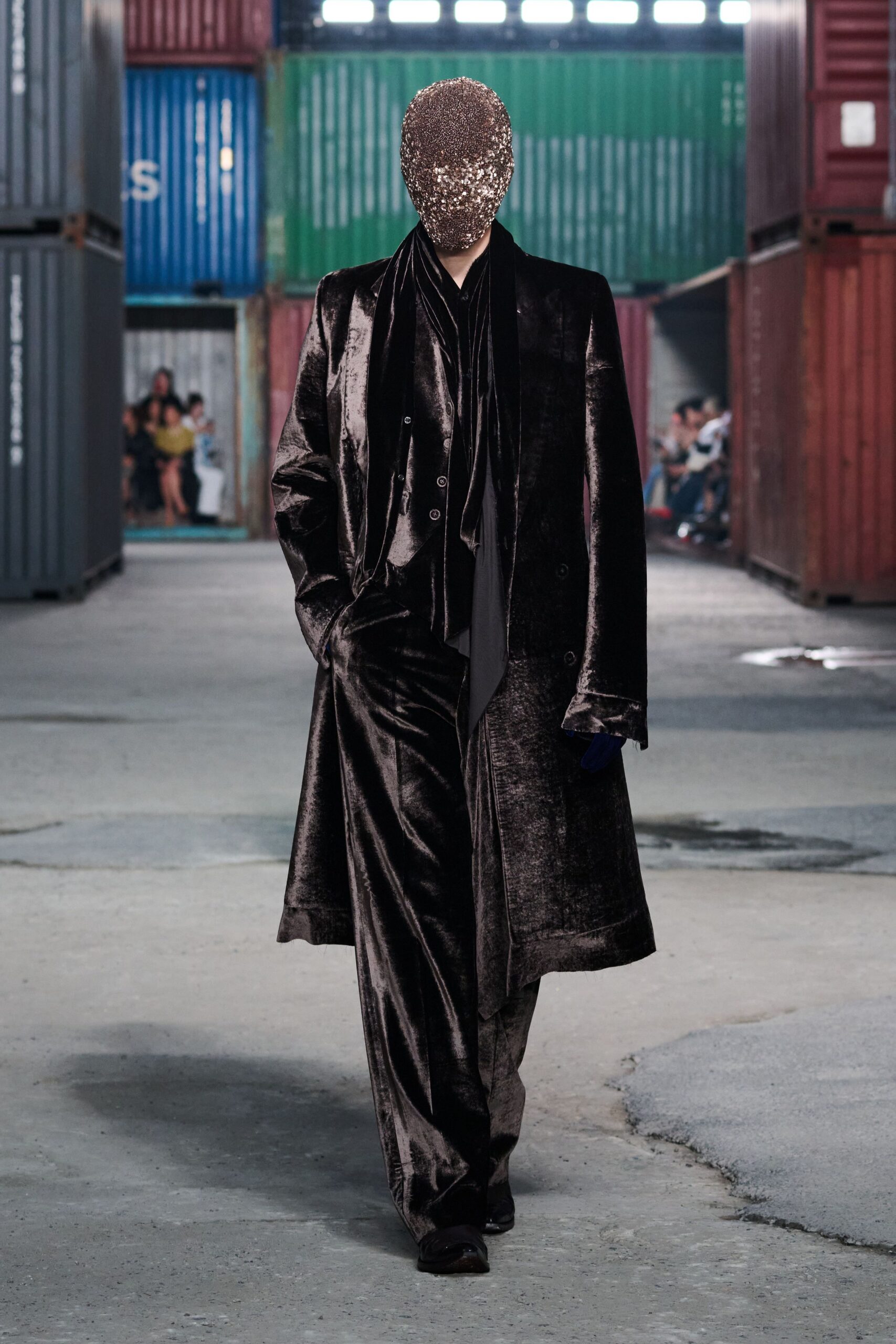 brown velvet long-sleeve collared relaxed draped shiny coat