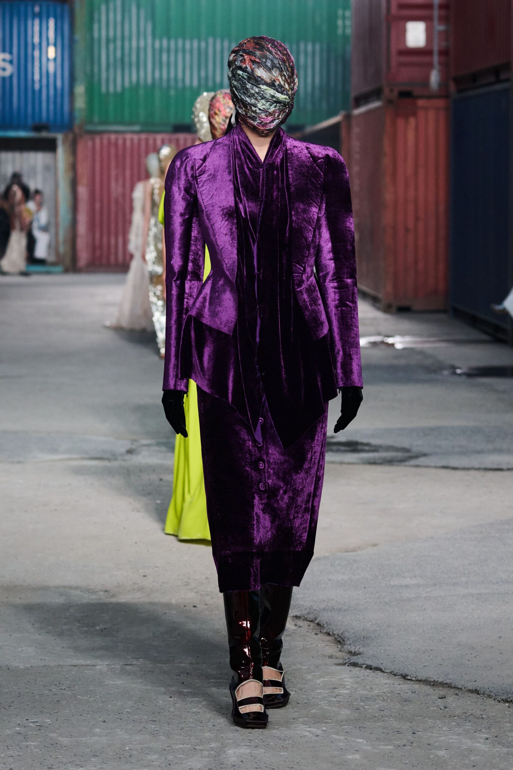purple velvet long-sleeve collared fitted buttoned draped dress