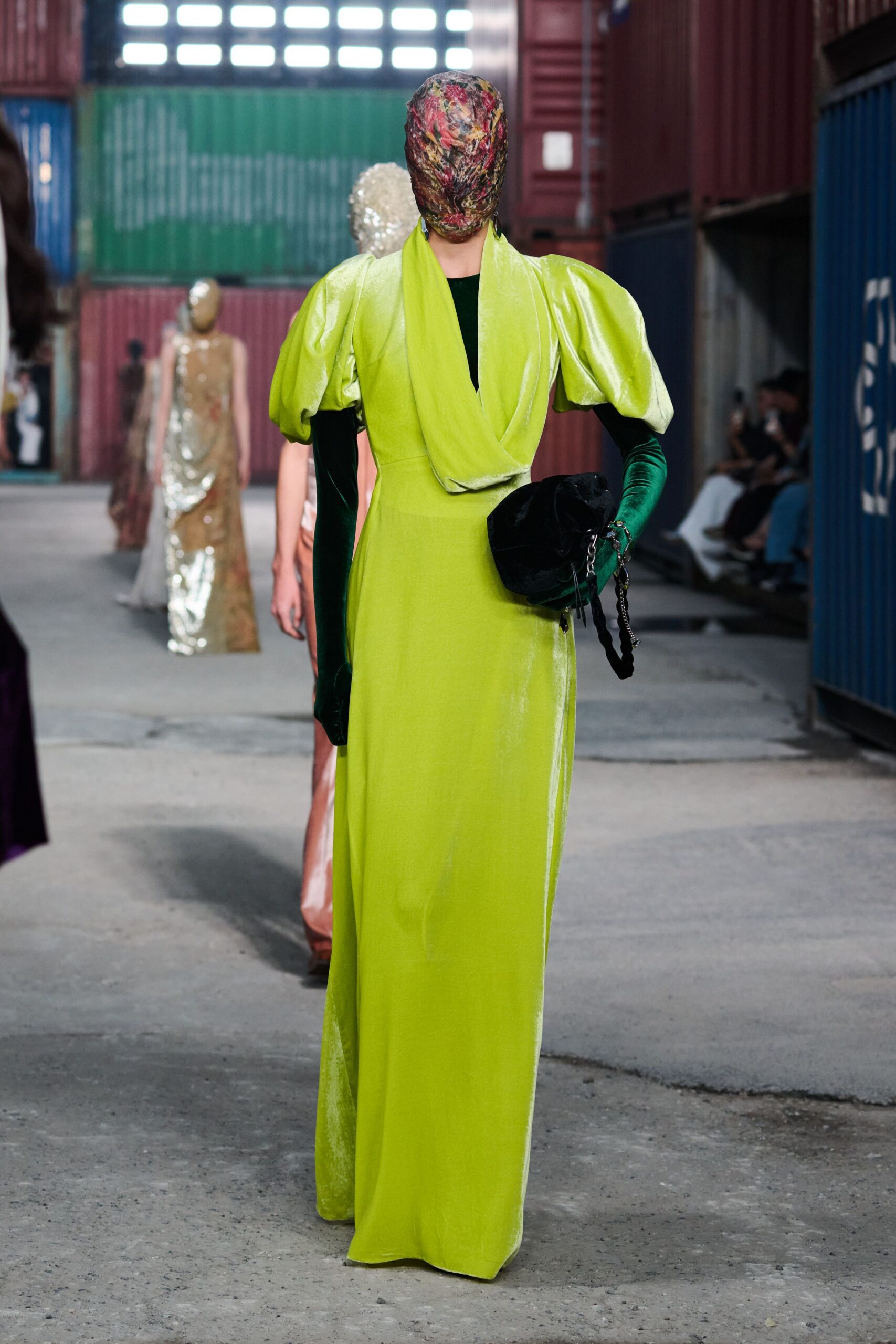 green silk sleeveless v-neck fitted draped flowing gown