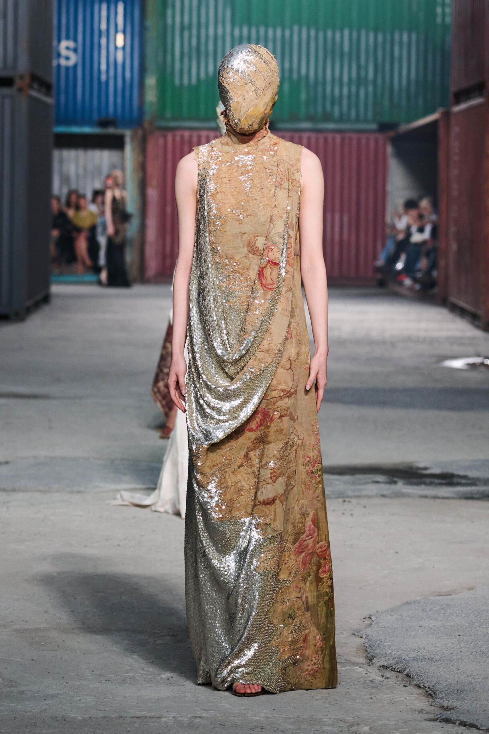 gold sequin draped gown