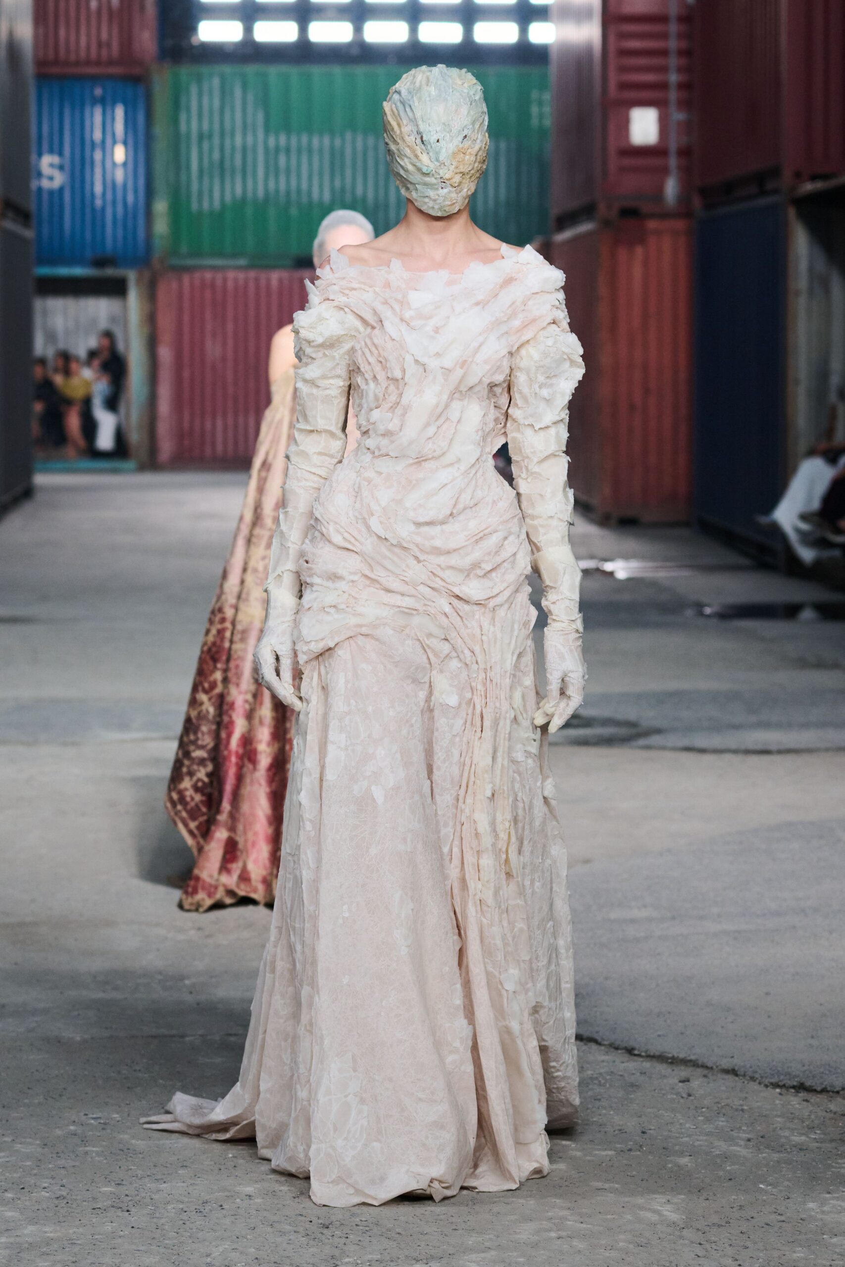 beige silk off-shoulder gown