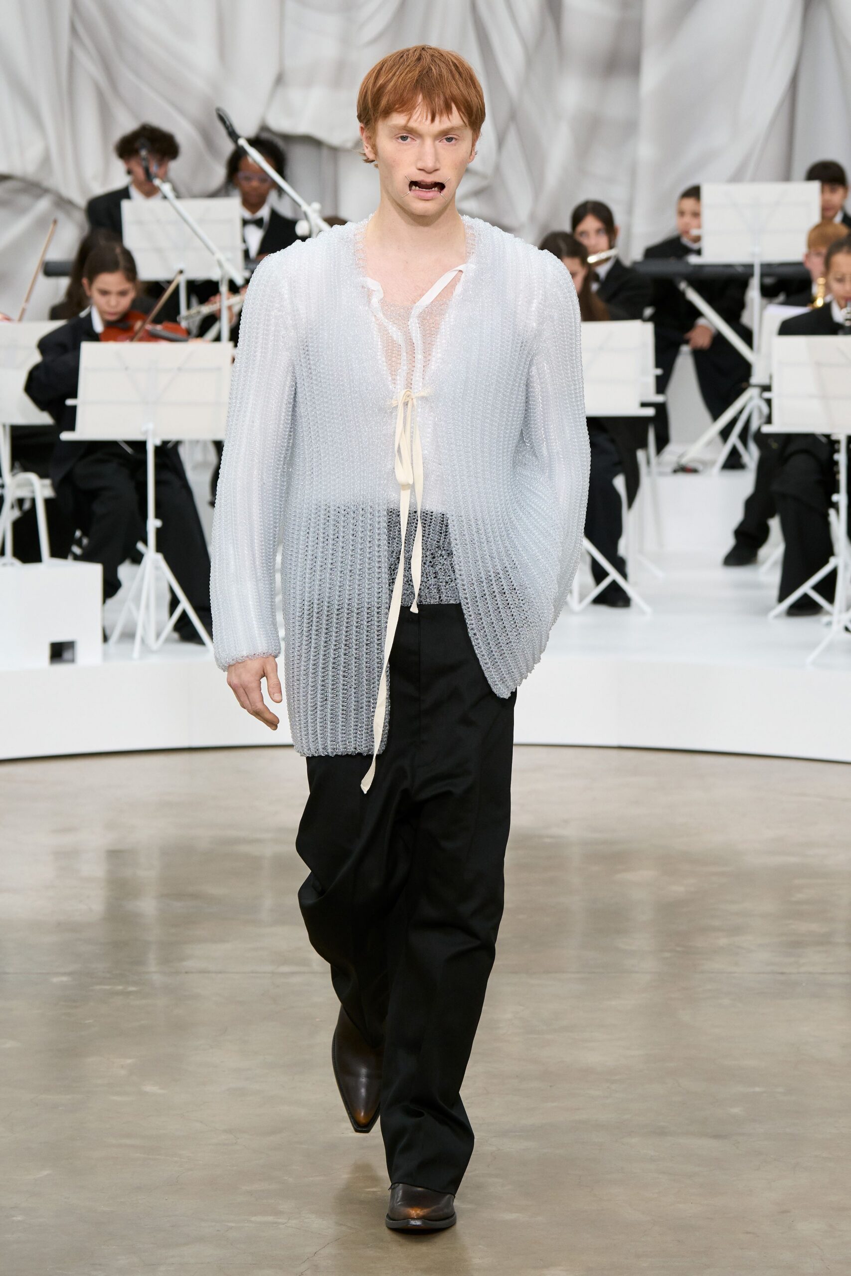 white knit long-sleeve v-neck relaxed sheer top