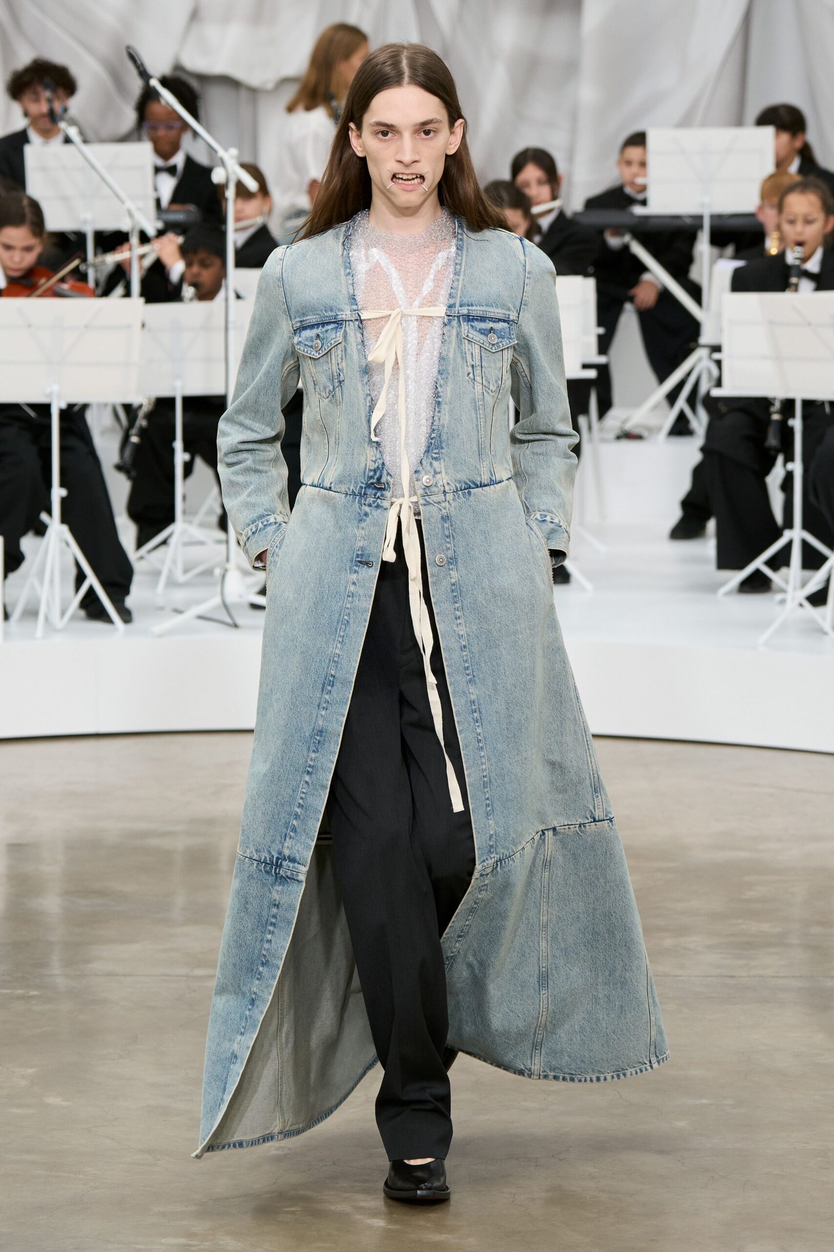 blue denim long-sleeve collared relaxed buttoned fringed coat