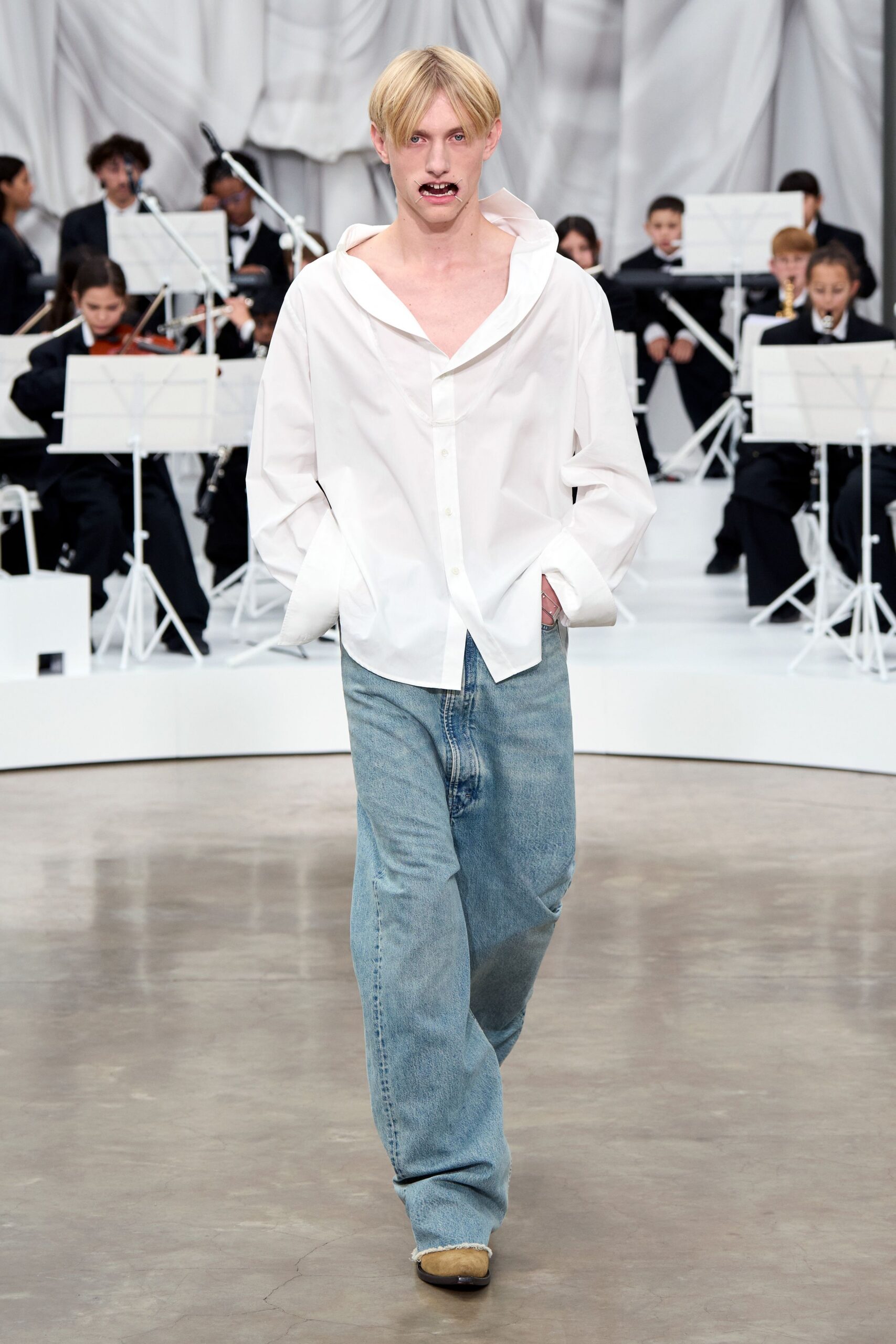 white relaxed shirt blue denim pants