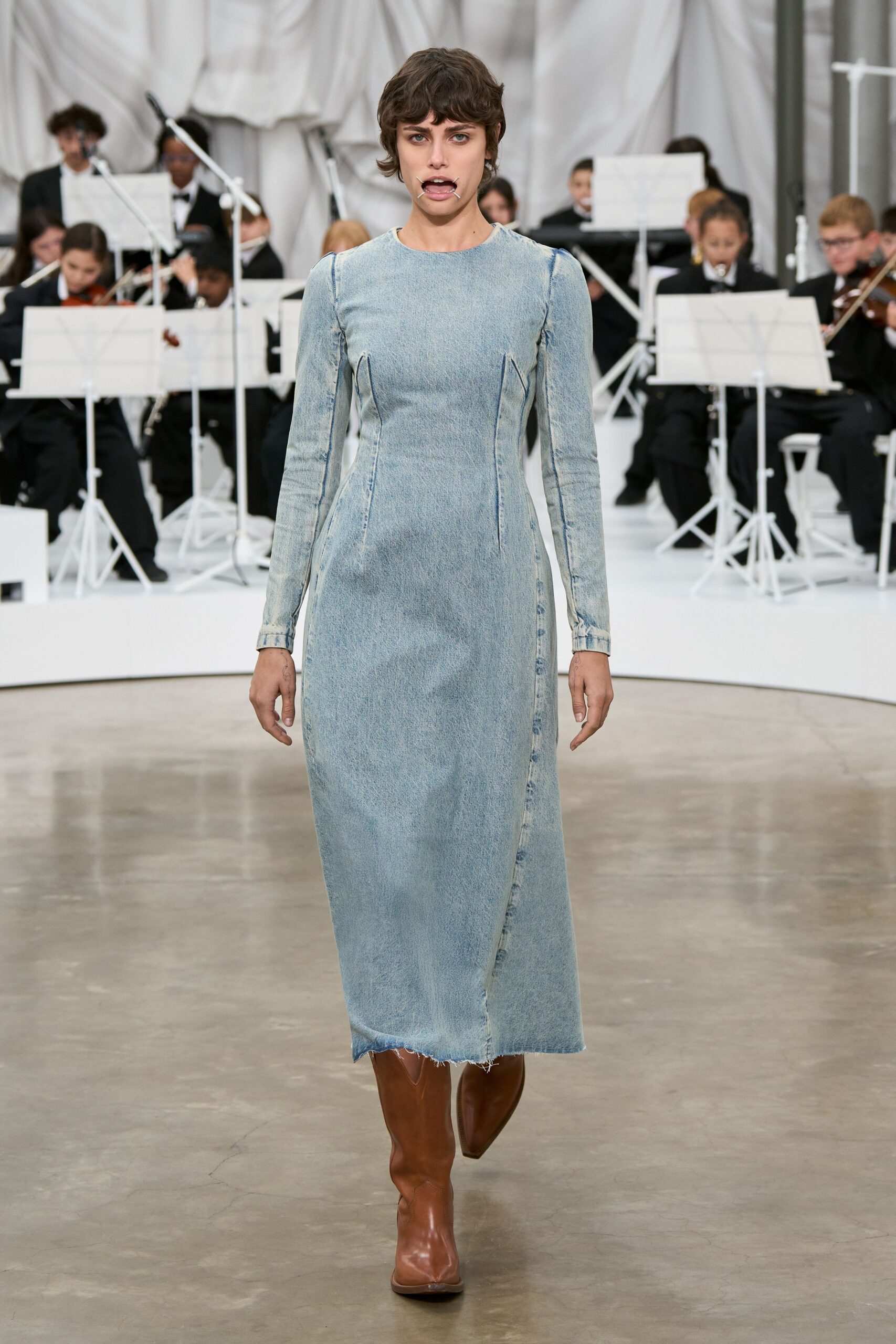 blue denim long-sleeve high-neck fitted straight-leg zippered dress