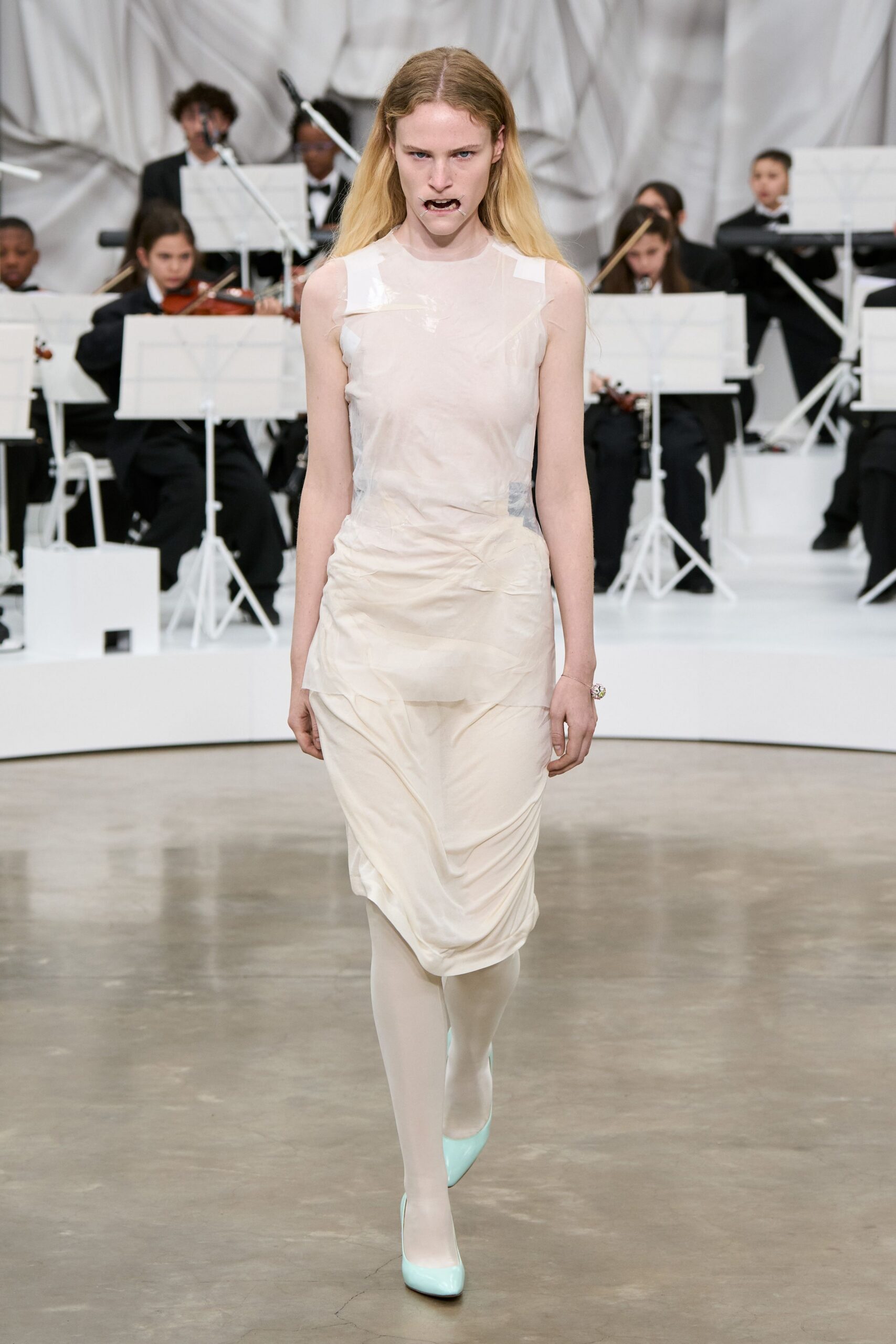 white silk sleeveless v-neck fitted draped sheer dress