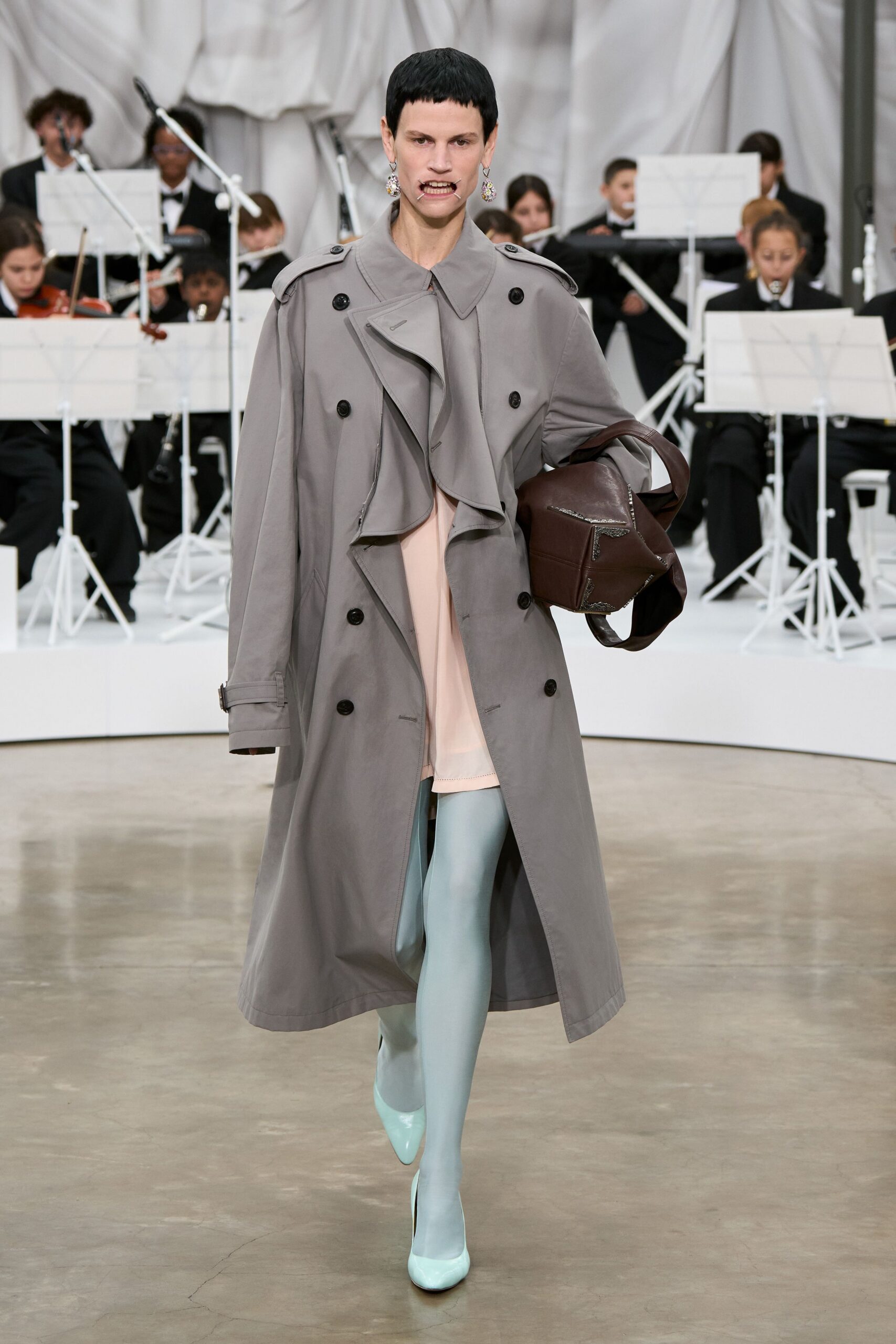 gray cotton long-sleeve collared relaxed draped buttoned trench