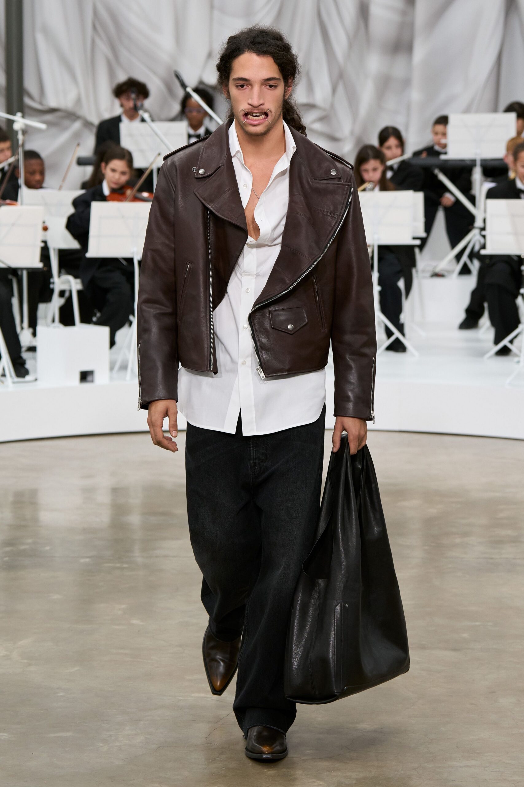 brown leather long-sleeve collared relaxed zippered jacket