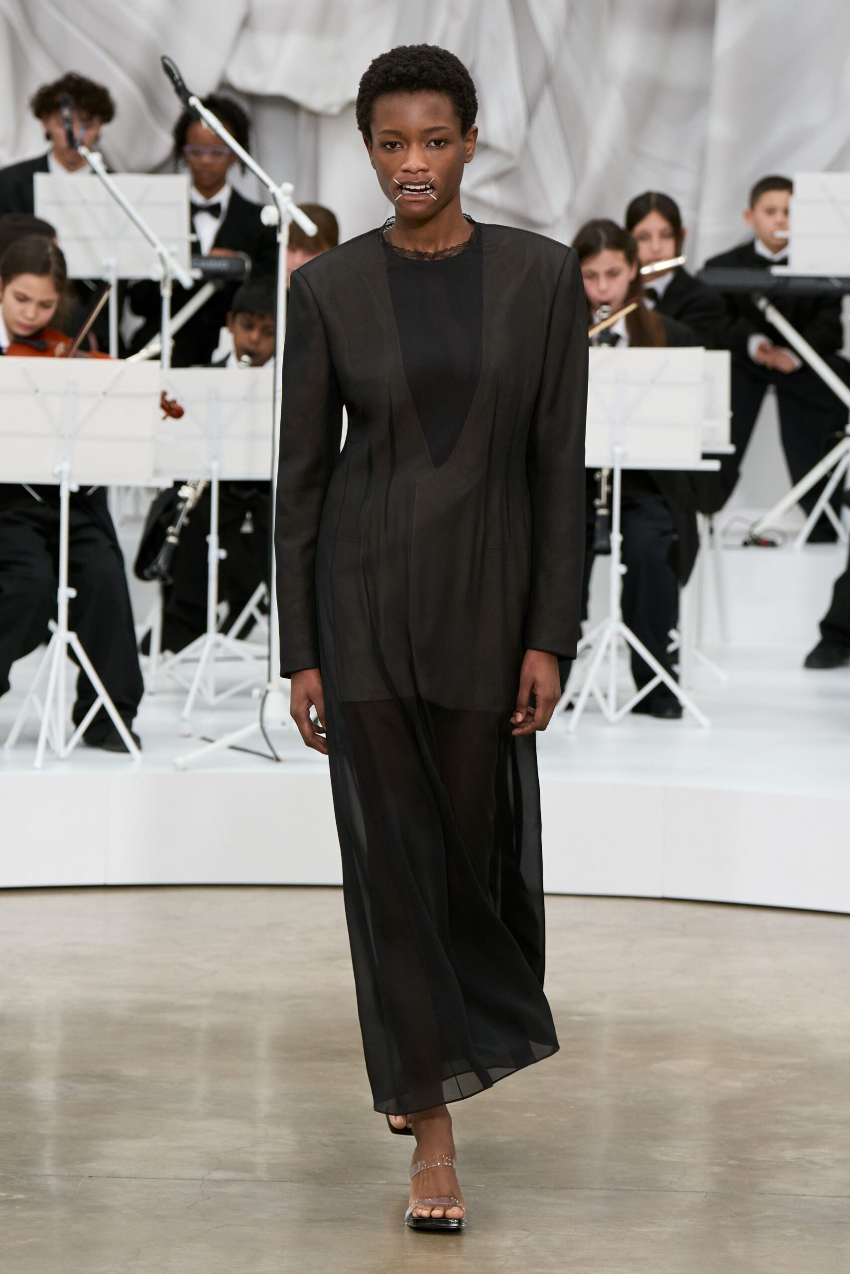 black silk long-sleeve v-neck fitted draped gown