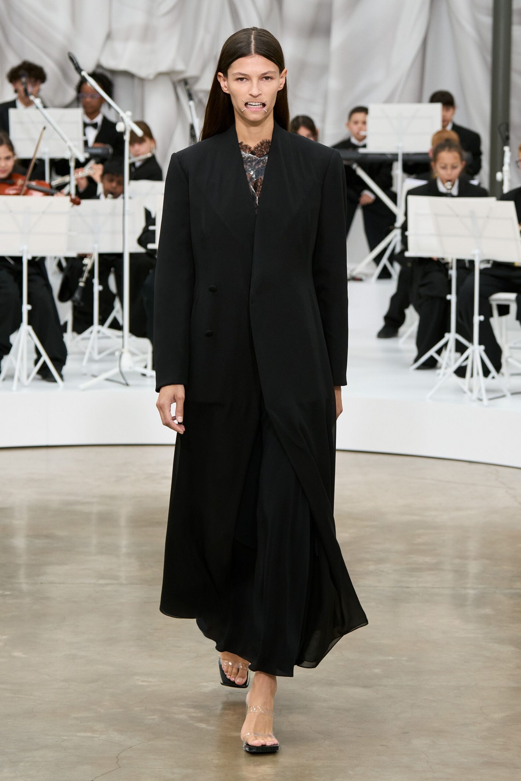 black silk long-sleeve v-neck fitted draped flowing gown
