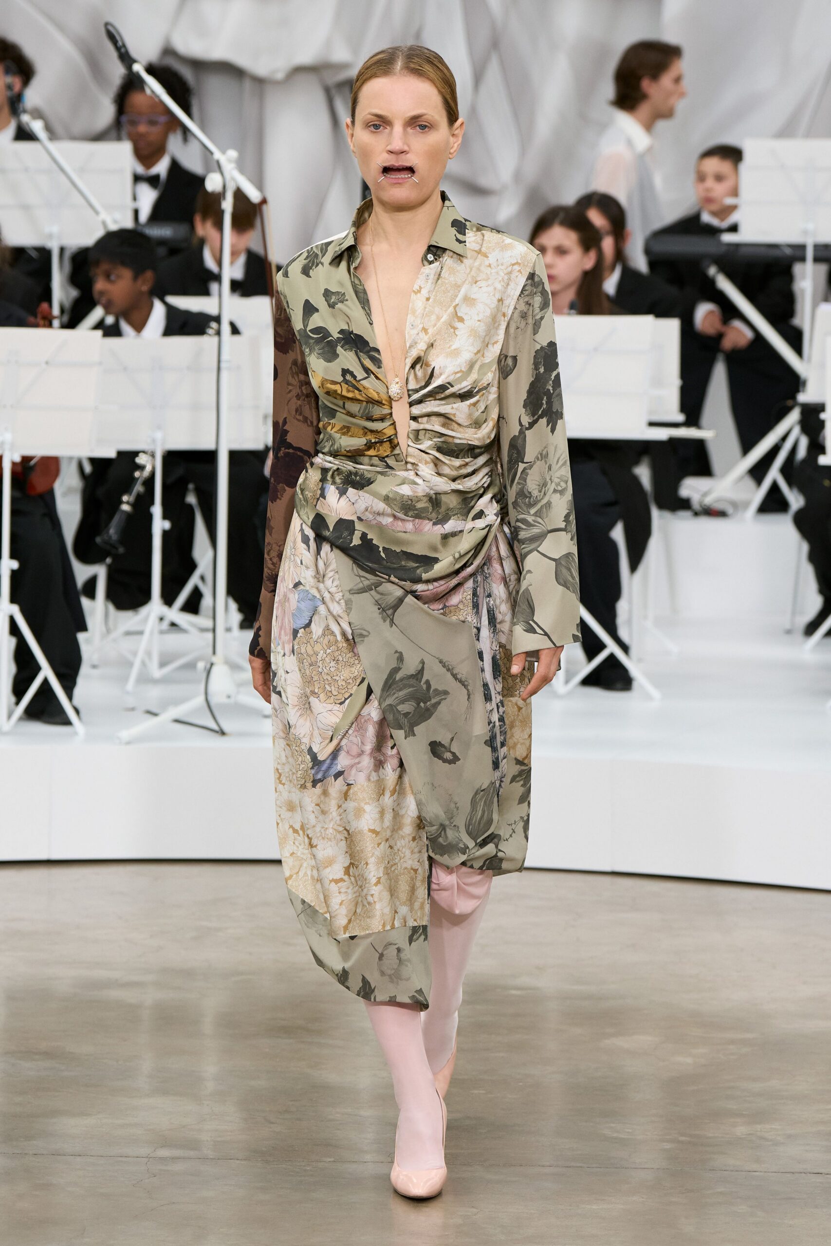 green silk long-sleeve v-neck fitted floral draped dress
