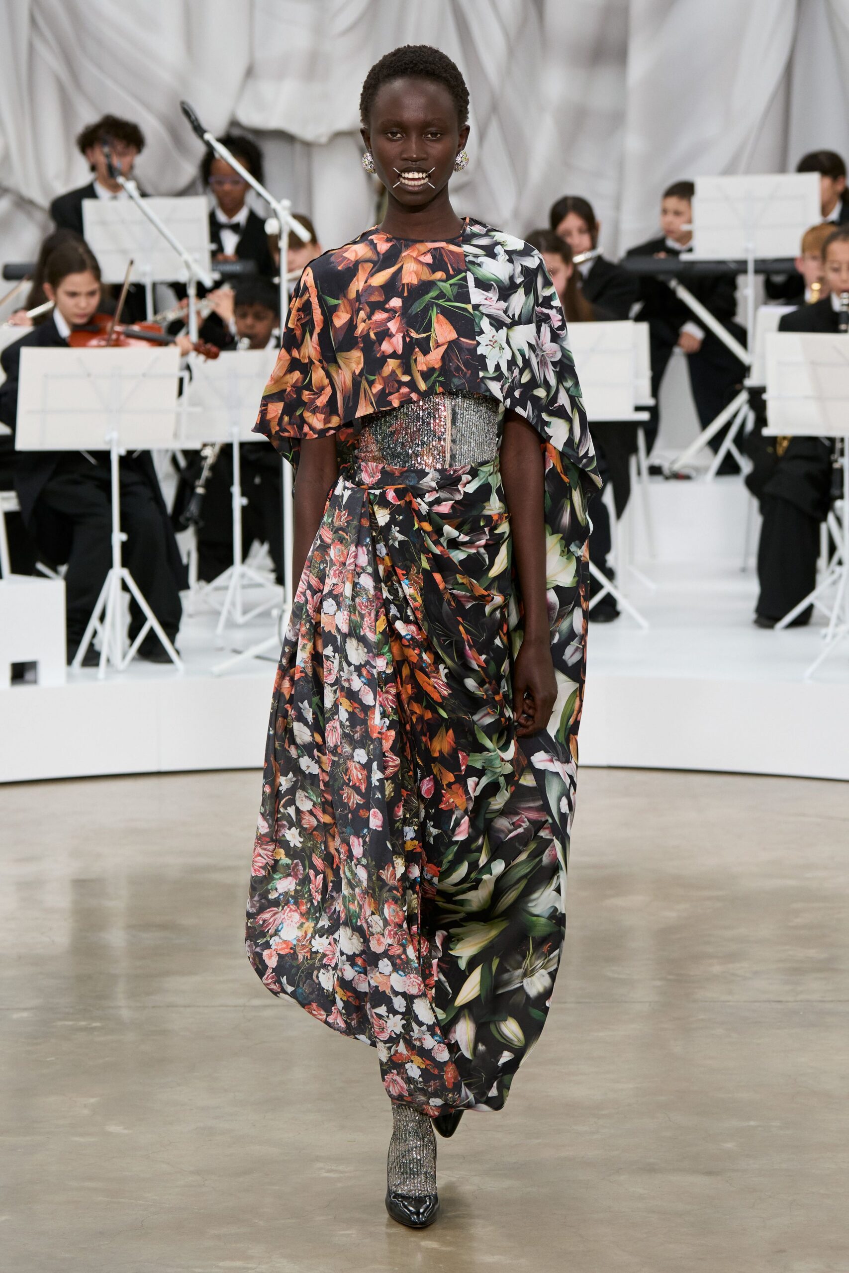 black silk short-sleeve v-neck fitted floral draped gown