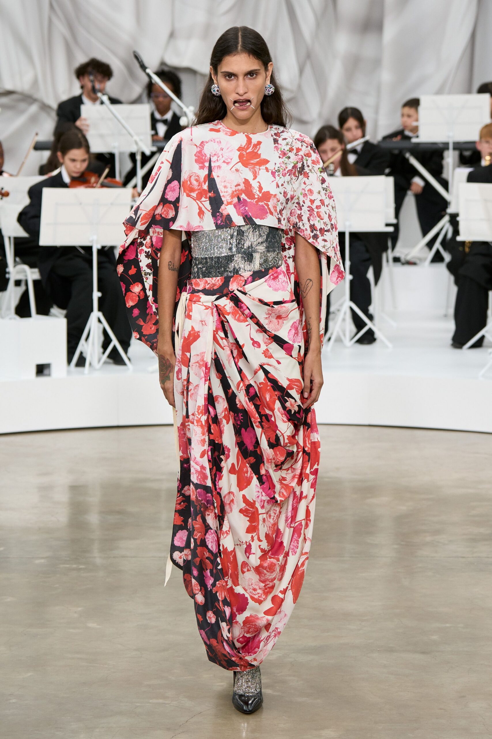 pink silk sleeveless off-shoulder fitted floral draped dress