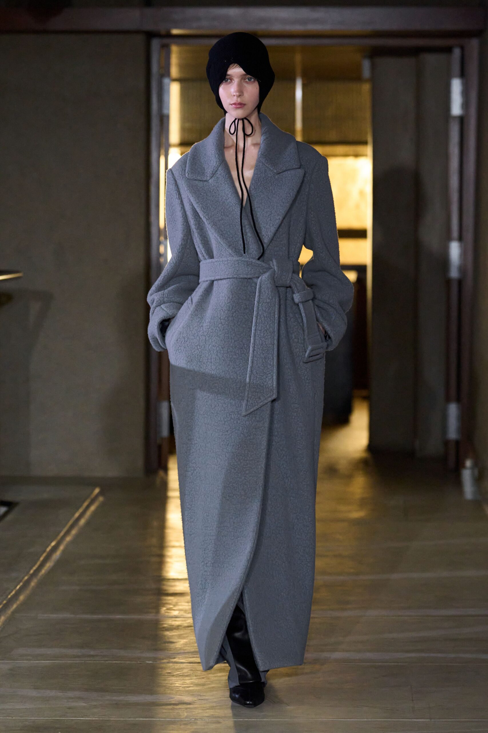 gray wool long-sleeve collared relaxed belted maxi coat